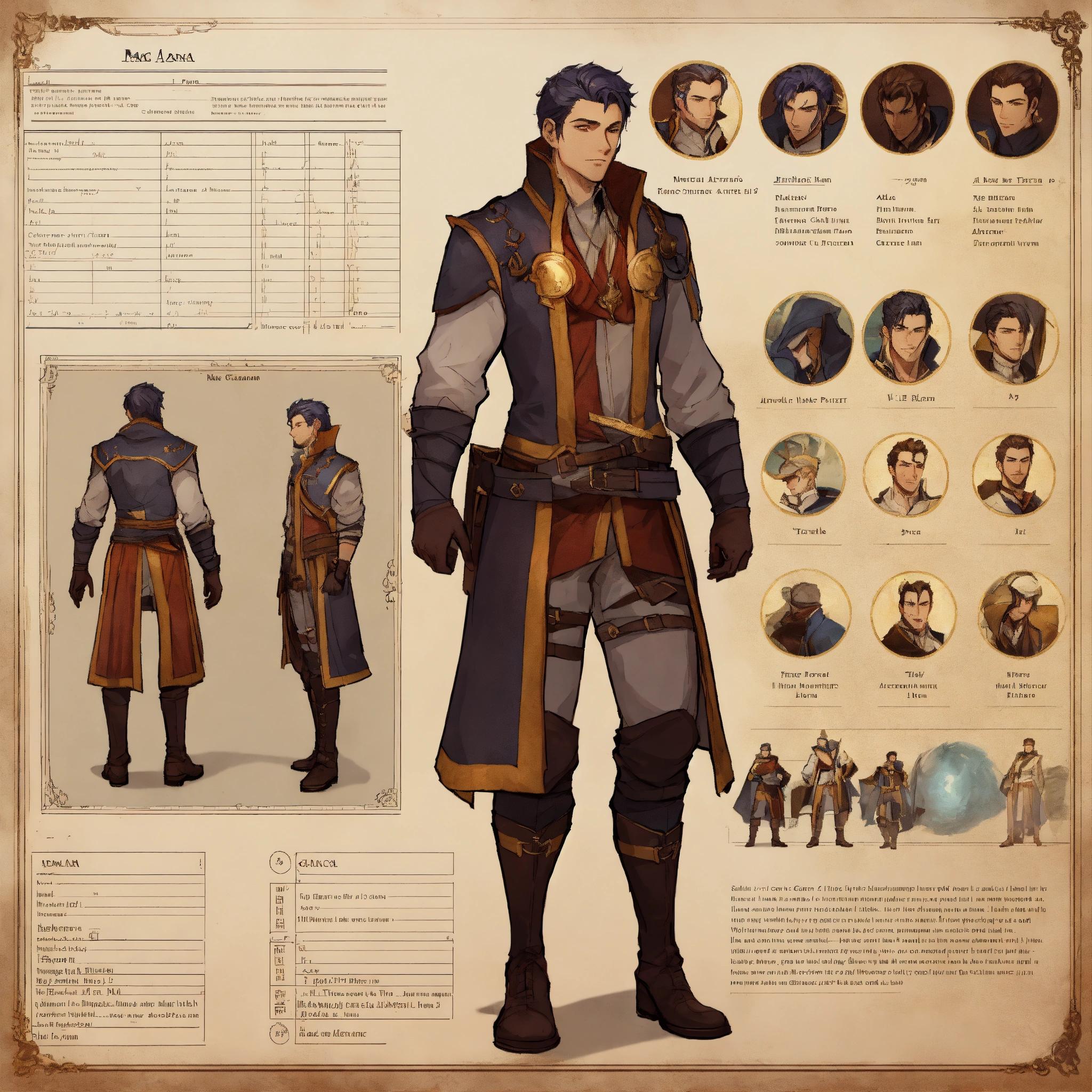 Lexica - Male character sheet in the style of Arcana the game