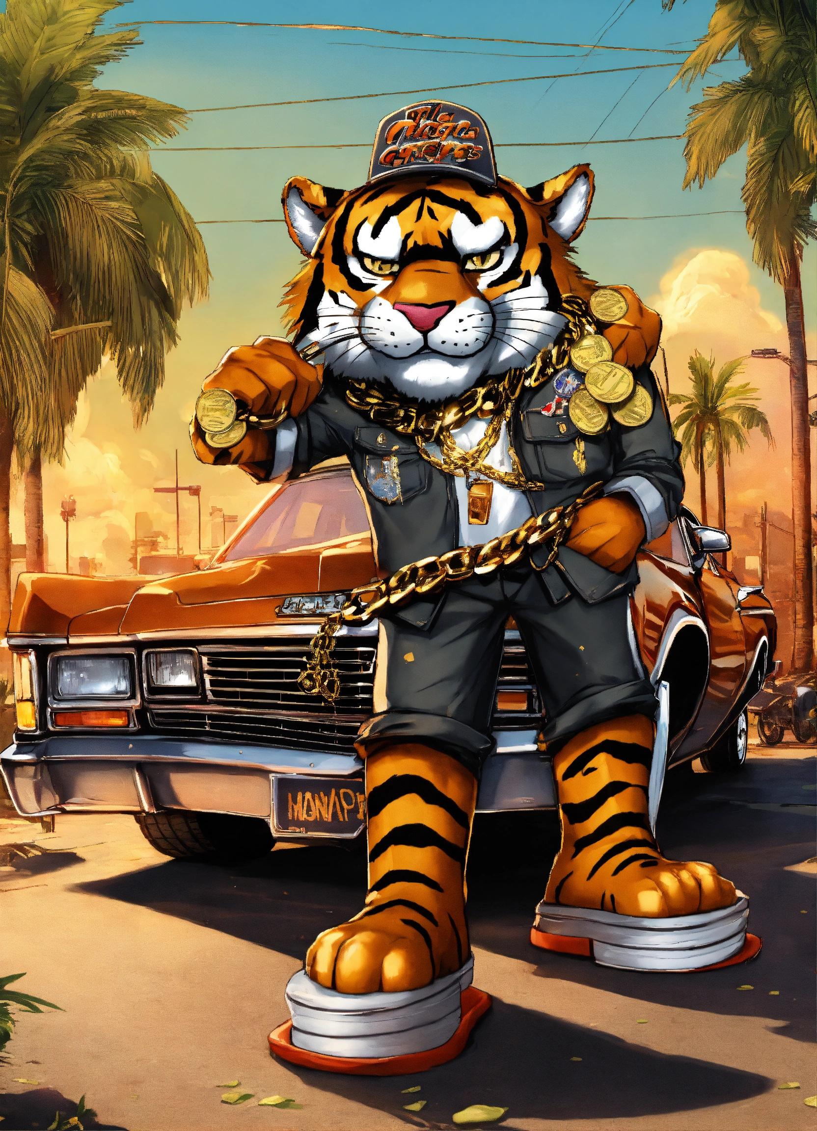 Lexica - Gangsta tony the tiger standing on top of black chevy caprice ...