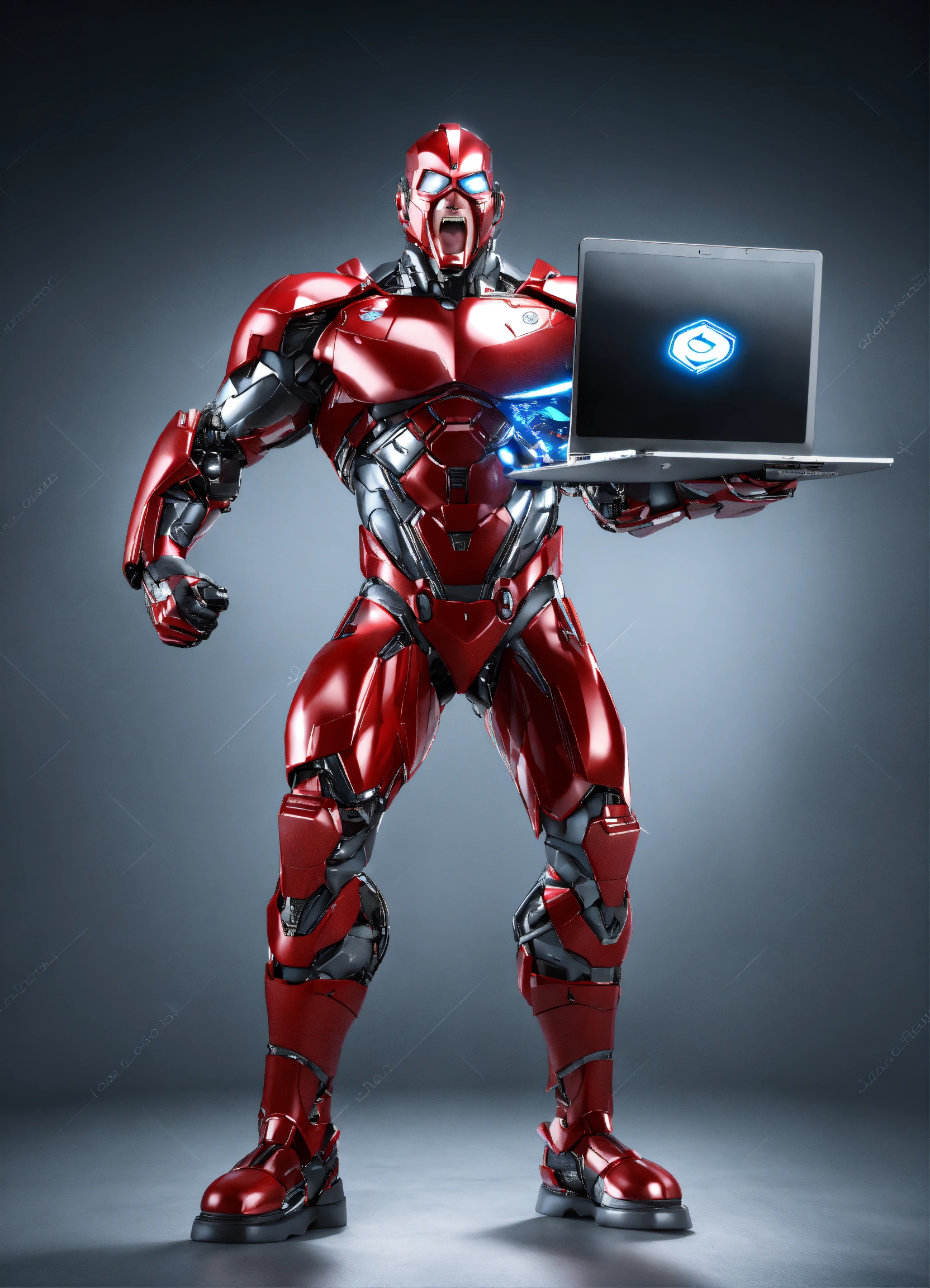 Lexica - Superhero cyborg, mascot, 3d, full body, hold laptop, screaming