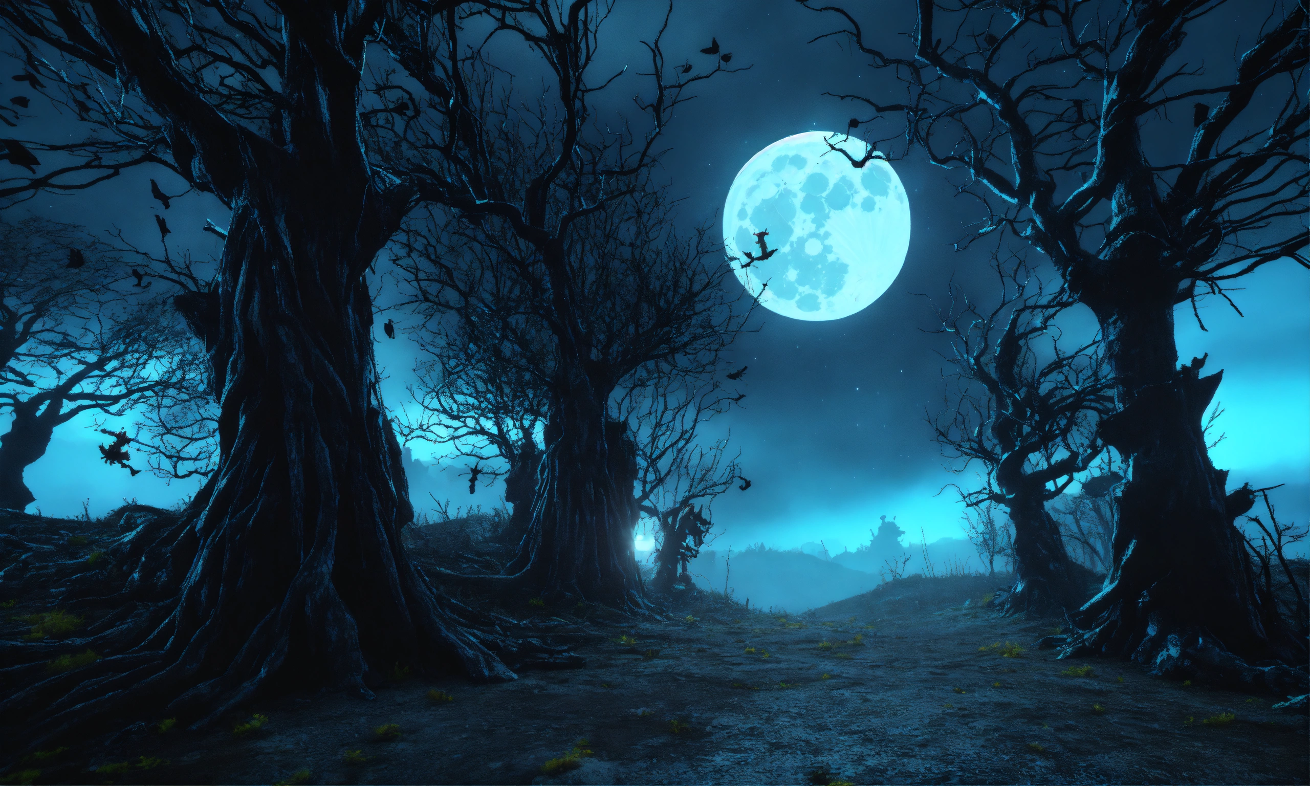 Lexica - 3D creepy trees haunted scarecrows in a wicked forest engraved ...