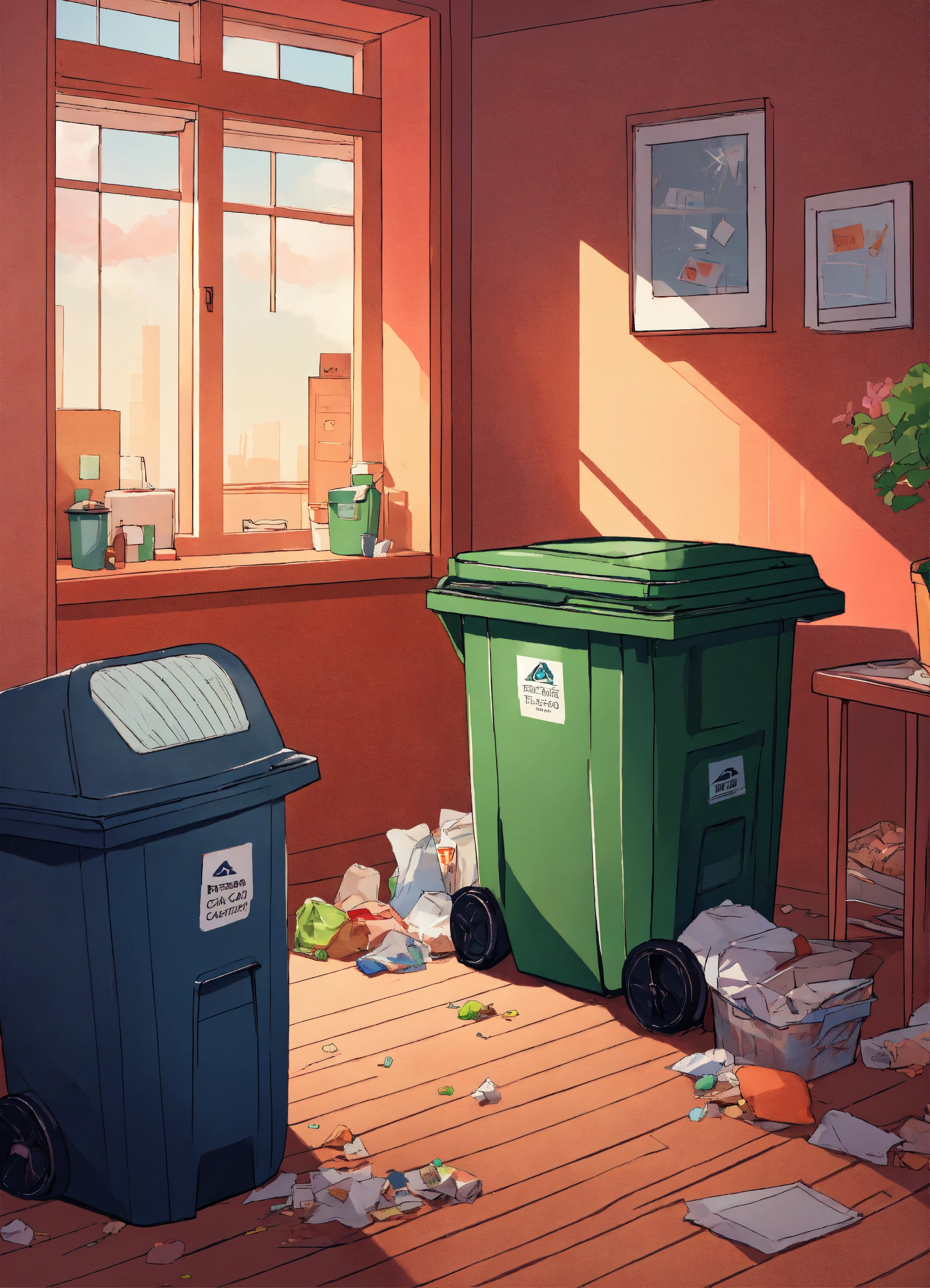 Lexica - An illustration style room with a garbage can that is open