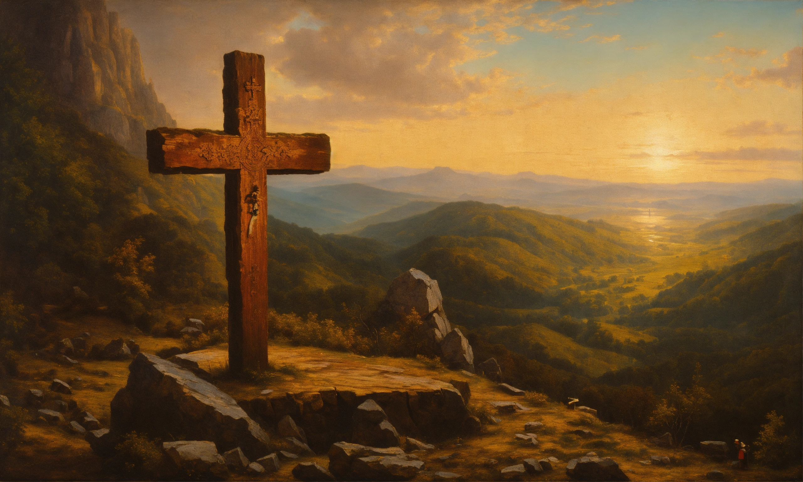 Lexica - Renaissance oil painting of a wooden cross on a mountain
