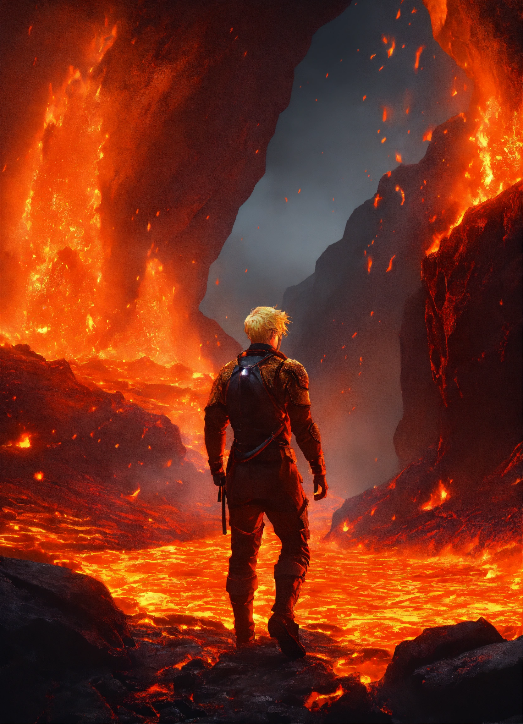 Lexica - Dark cave with lava, and a man, dressed in might, blonde hair ...