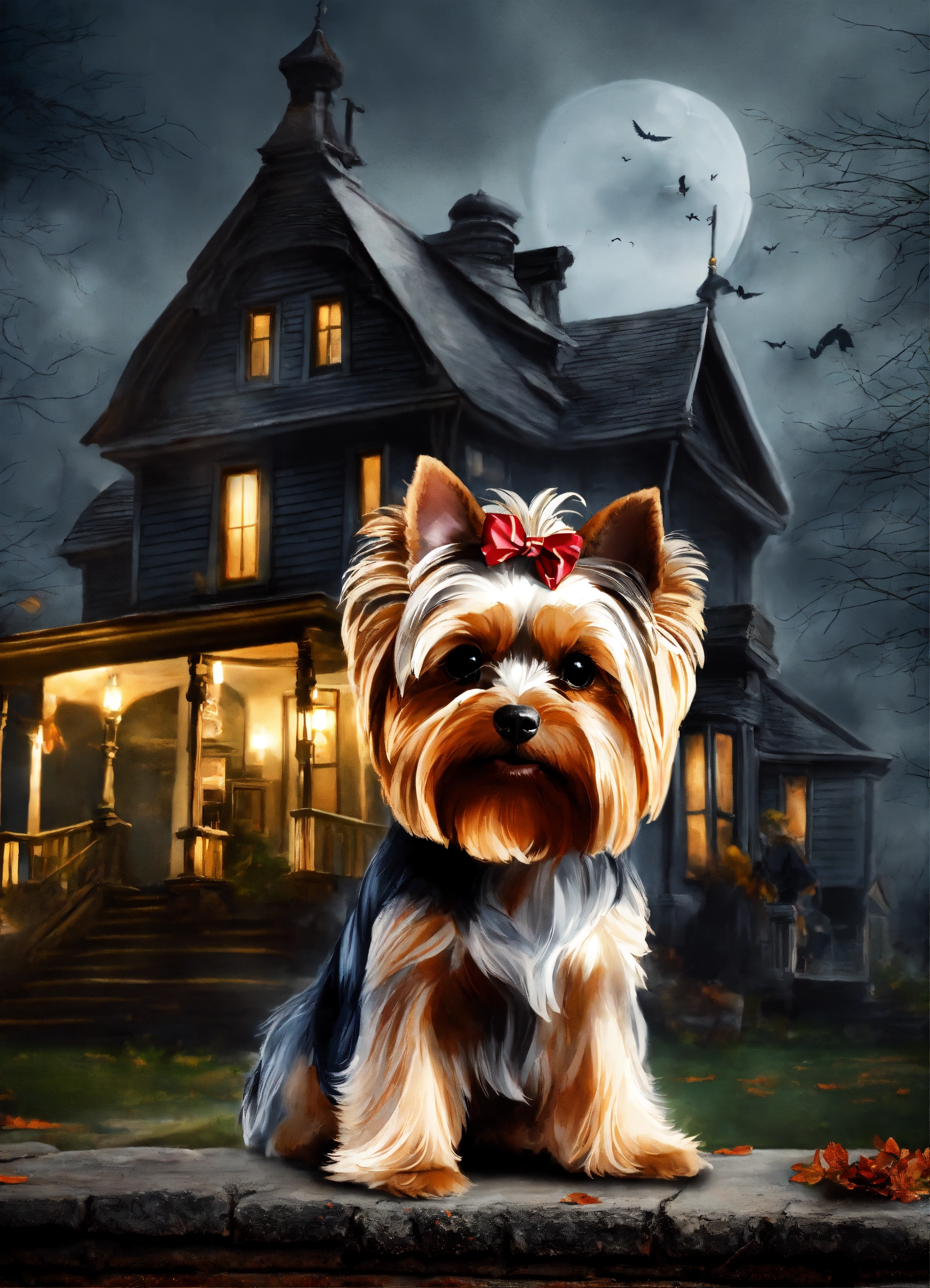 Lexica - Realistic beautiful ghost yorkie in front of a haunted house ...