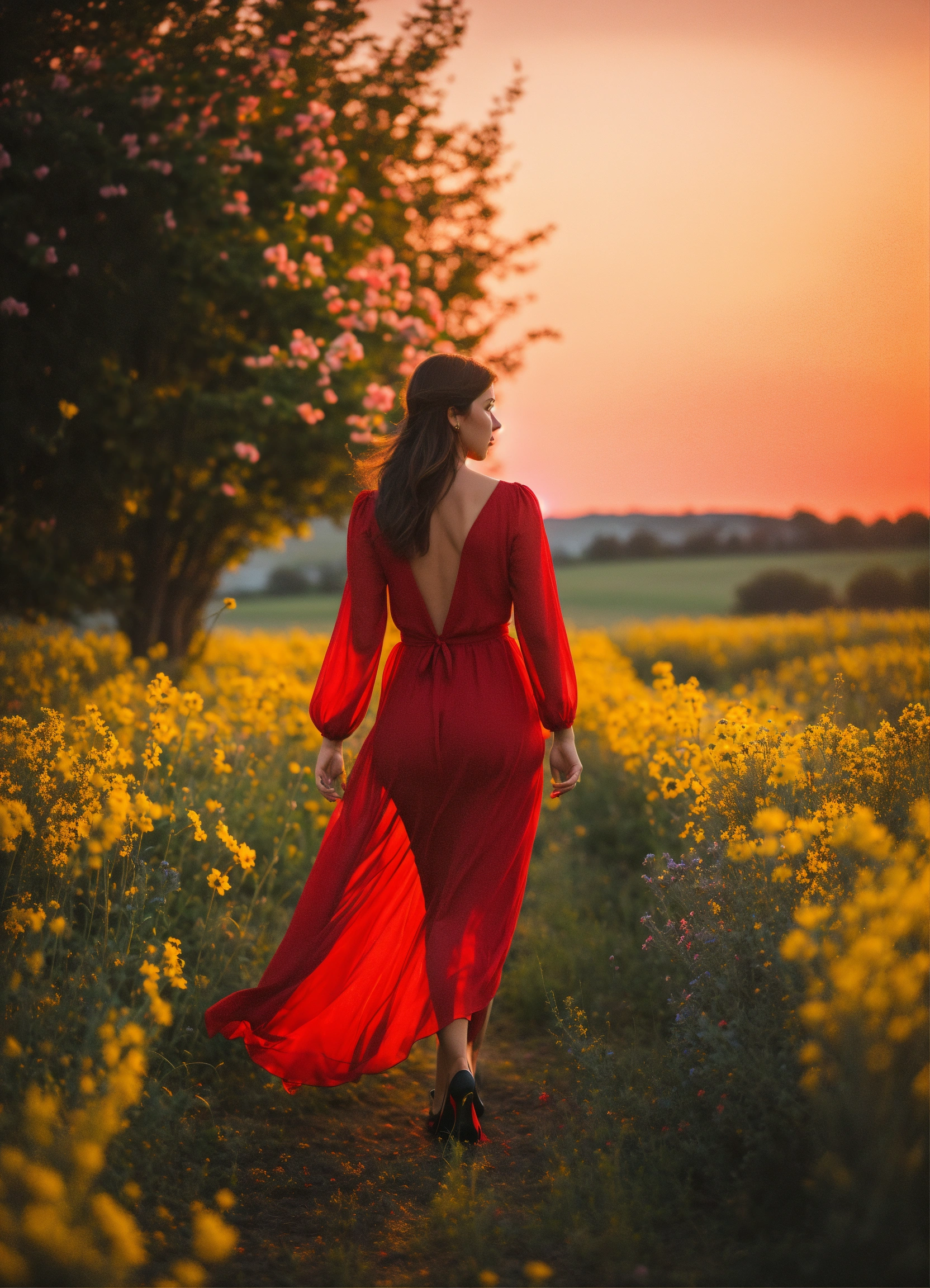 Lexica - A Woman in a red dress walking at dusk through a field with ...