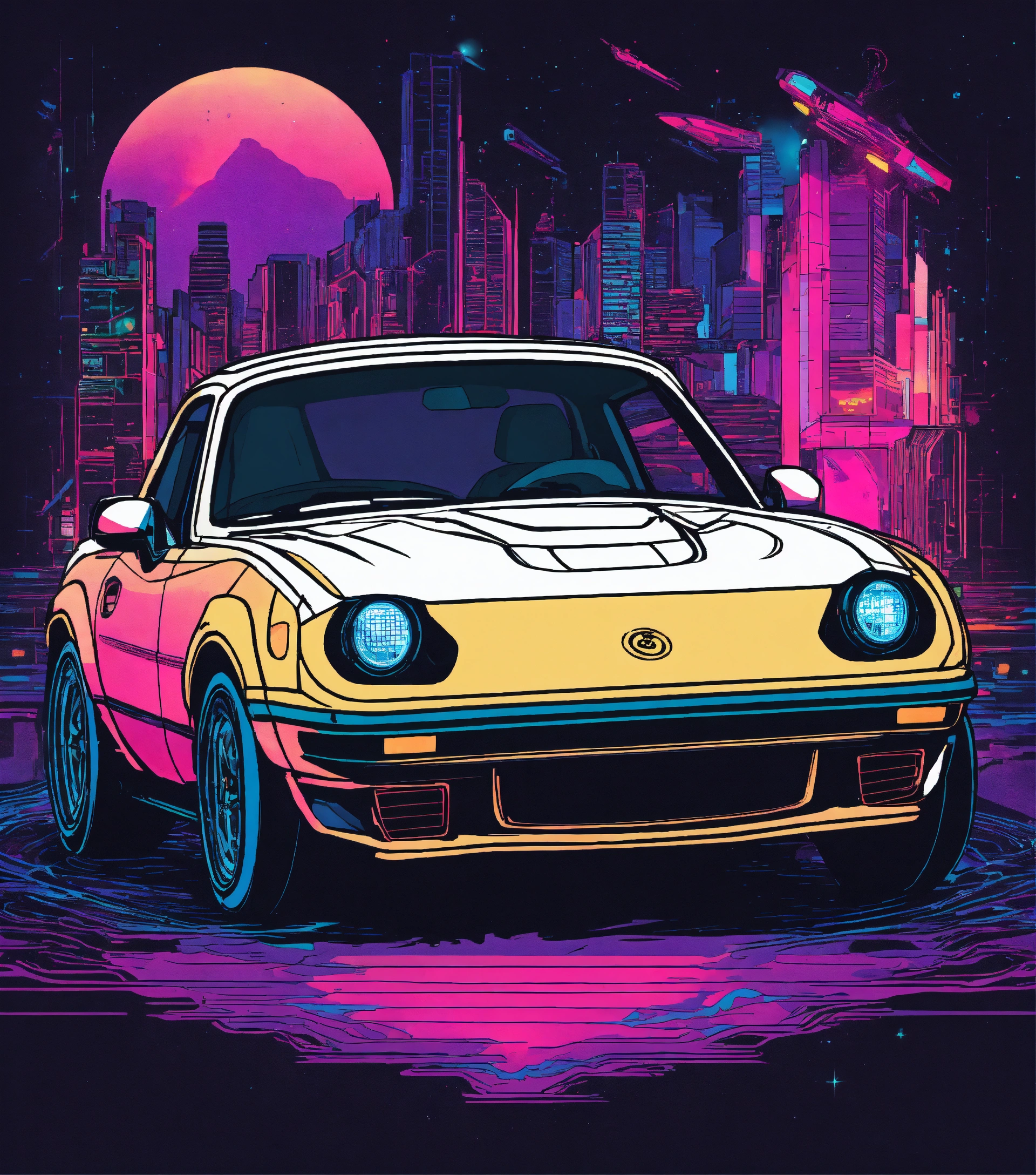 Lexica - Cyberpunk Miata 1985, Die-cut Sticker, Cosmic Backround 