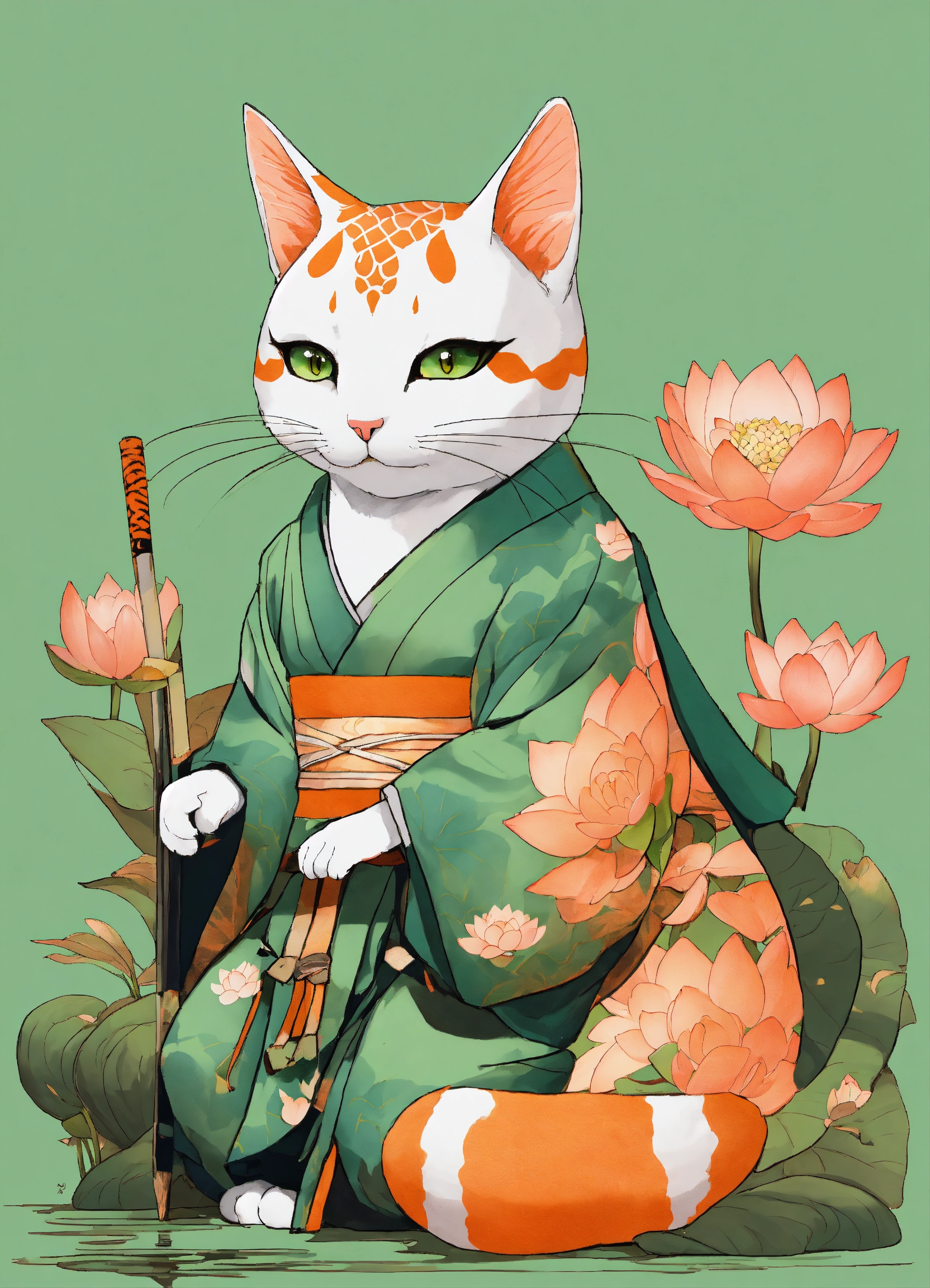 Lexica - There is a cat with a big lotus flower on a green background ...