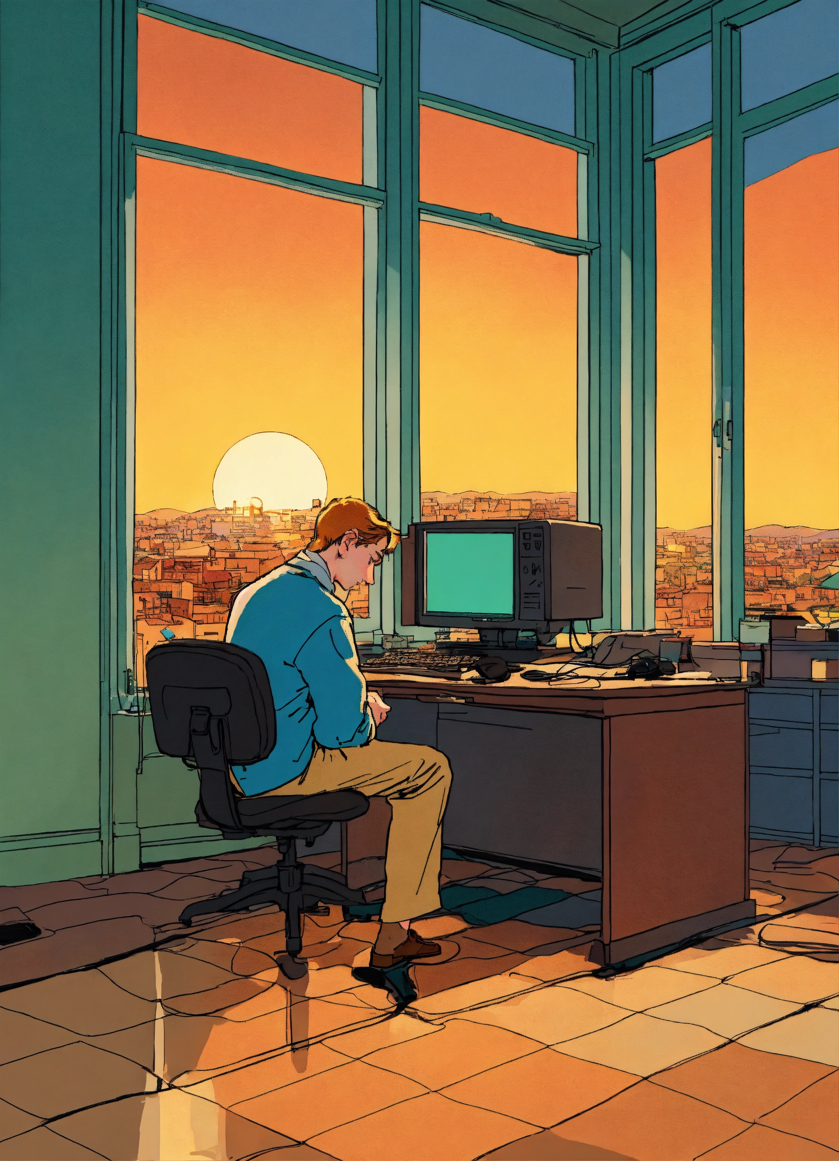 Lexica - Beautiful illustration by Hergé of a sad man at a computer ...