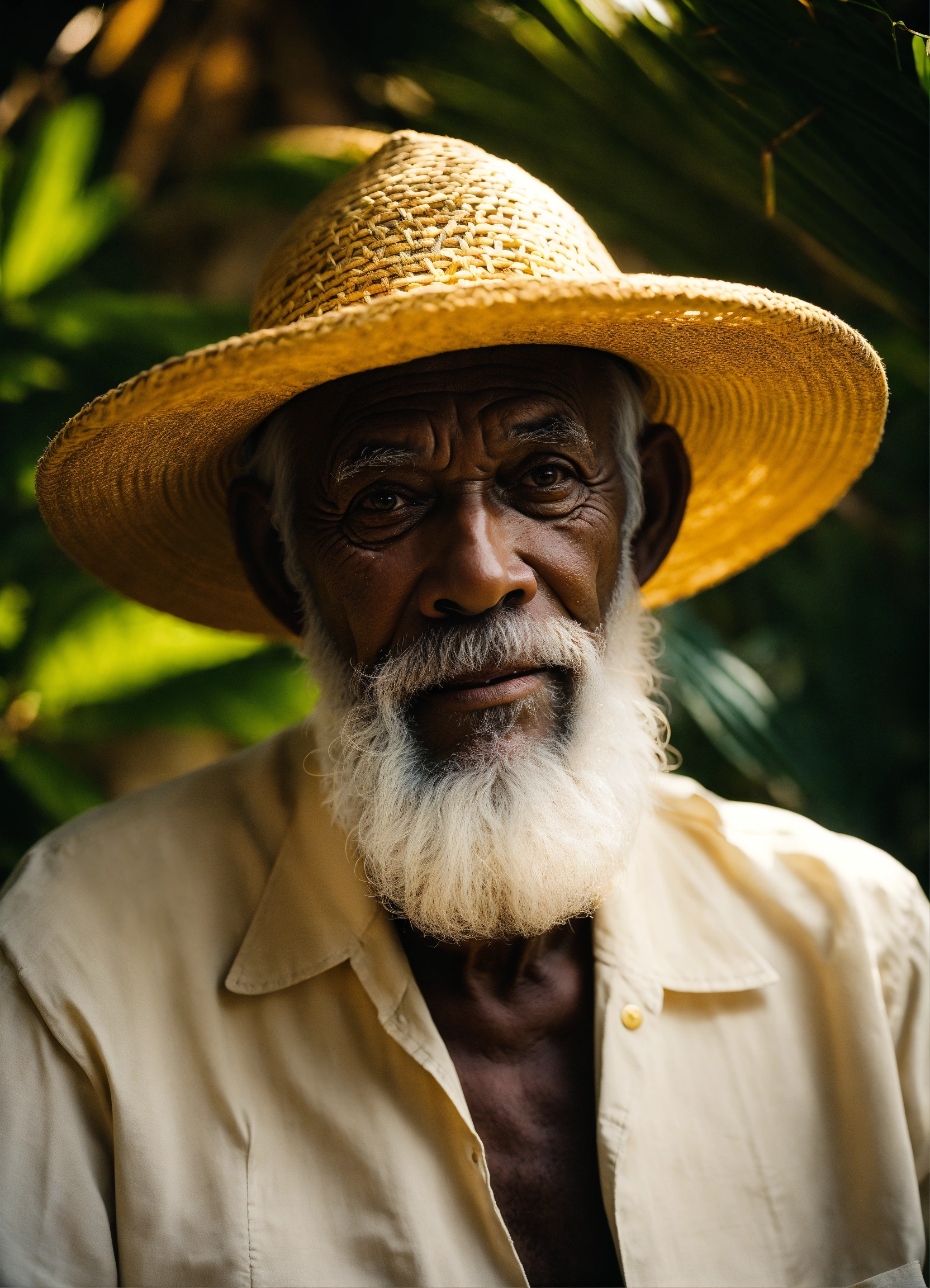 Lexica - A wise old man with white beard and bakoua hat in a tropical ...
