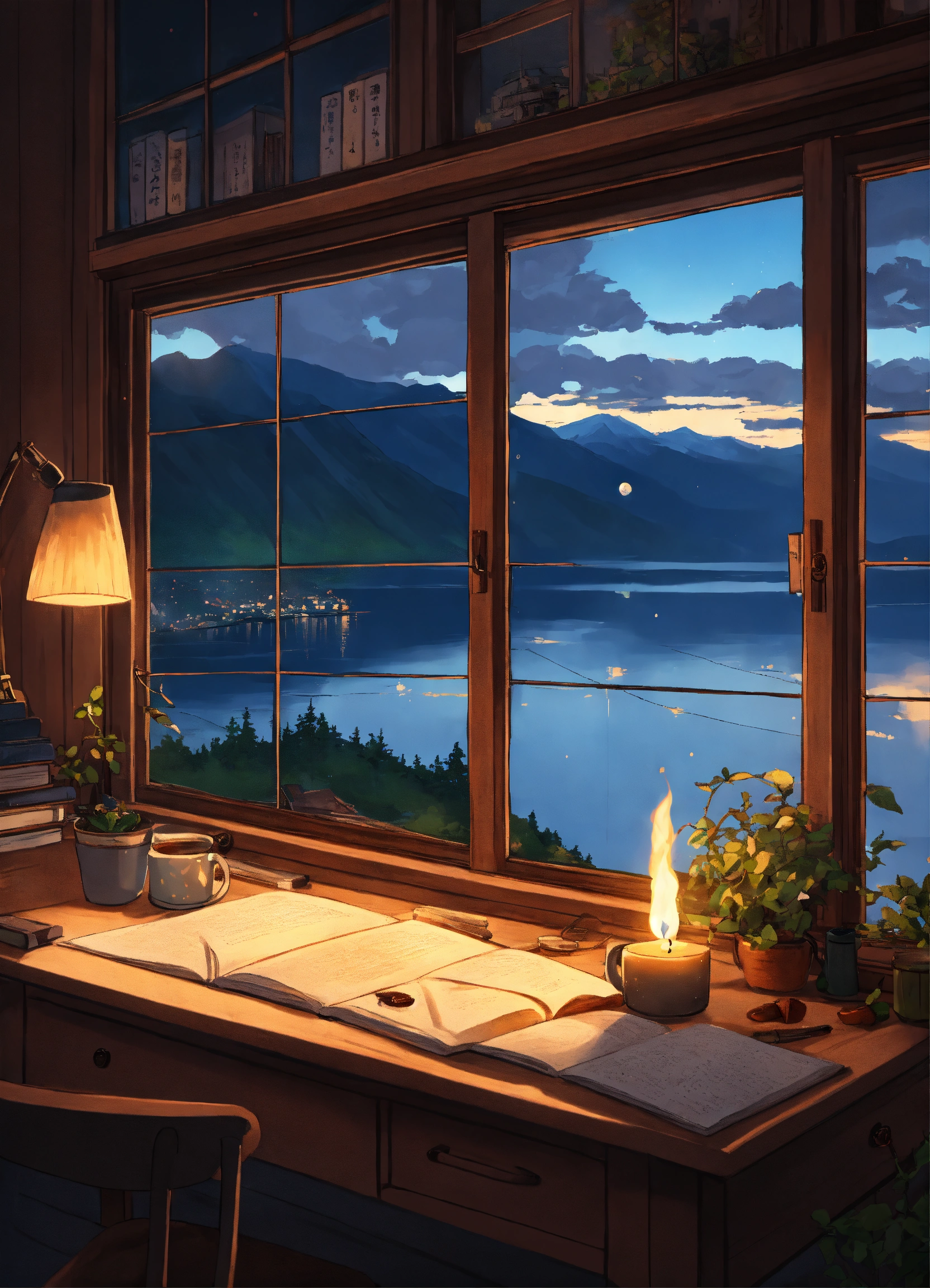 Lexica - Anime study room in finland against fjord, big centered window ...