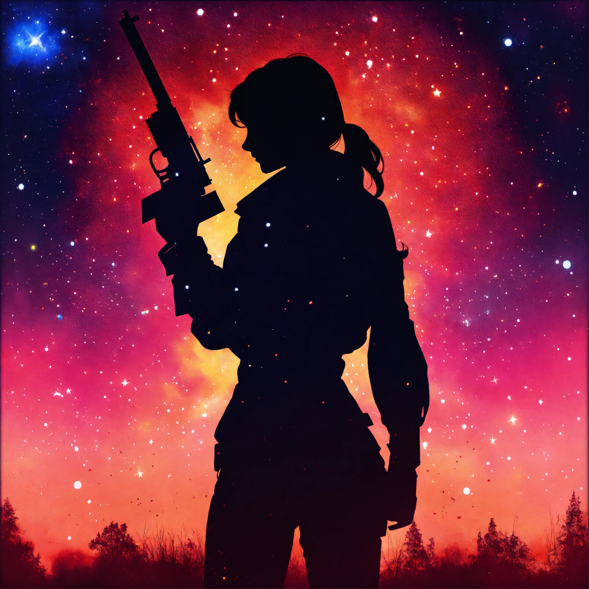 Lexica - Shadow of a woman holding a pistol, in front of a colourful ...