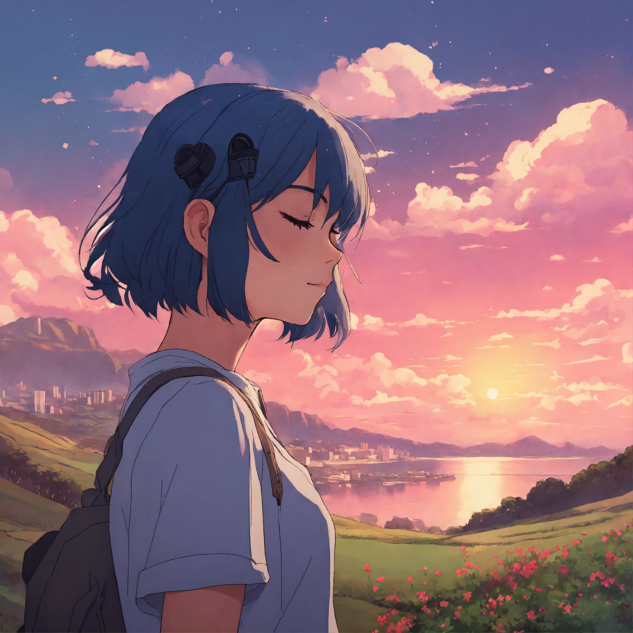 Lexica - A anime girl eyes closed,in a lofi landscape, in the style of 2d  anime