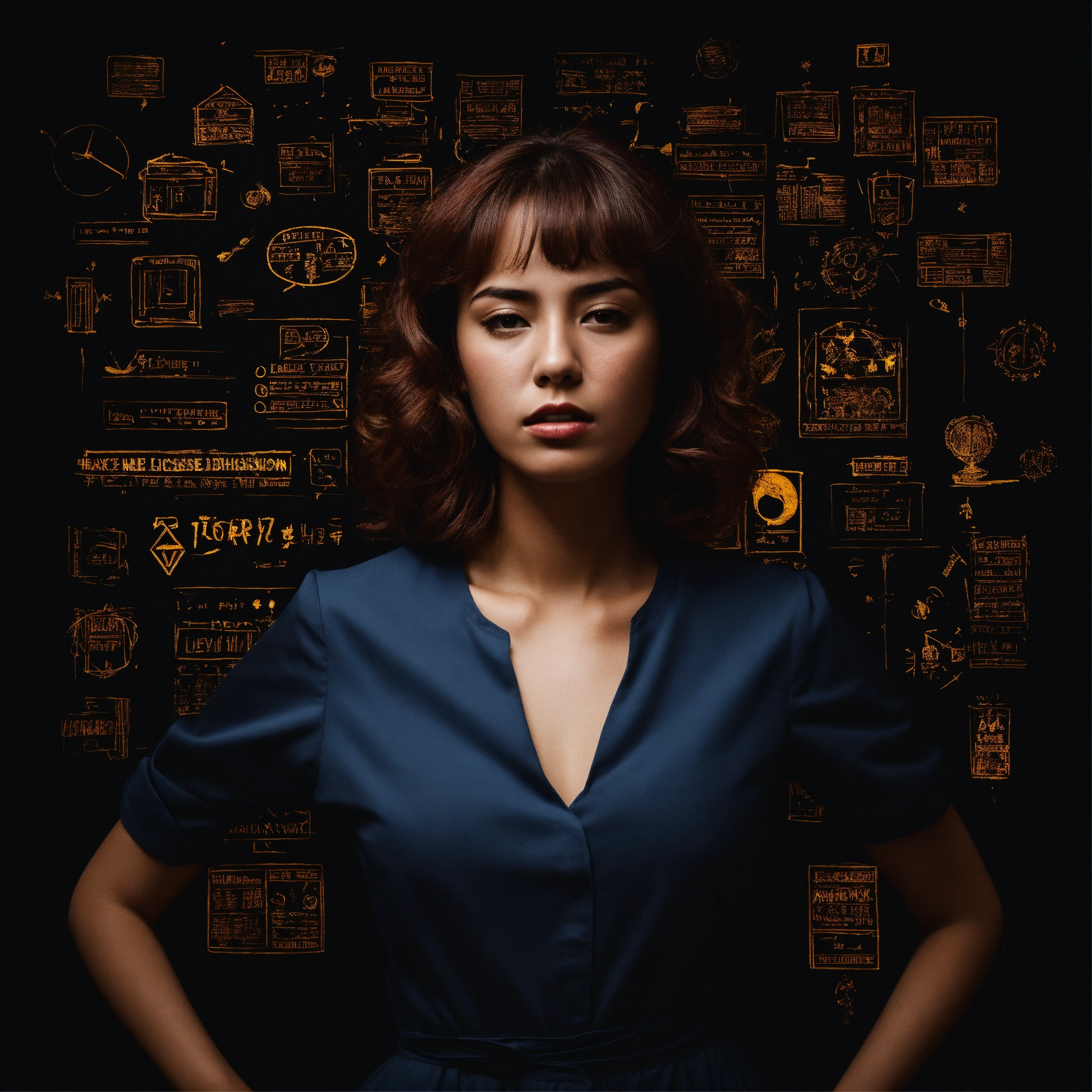 Lexica - Woman can't make a decision, black background, a lot of empty ...