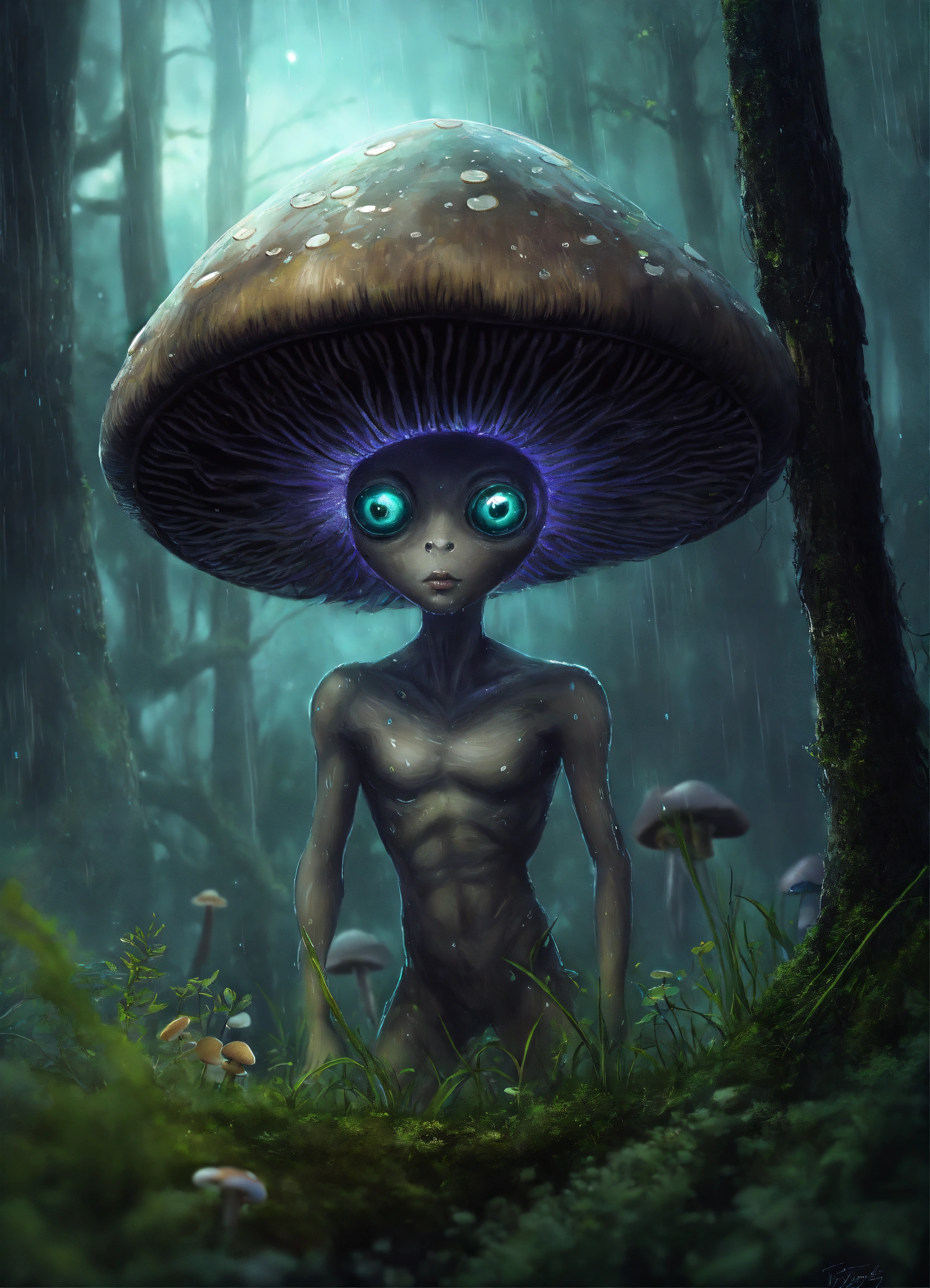 Lexica - A grey alien , big eyes blacks , like a globin, mushrooms ...