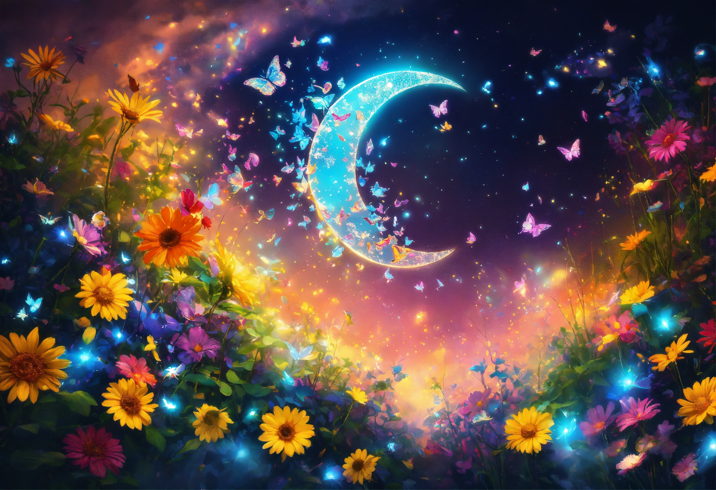 Lexica - A crescent moon with butterflies and daisies made of glittery ...
