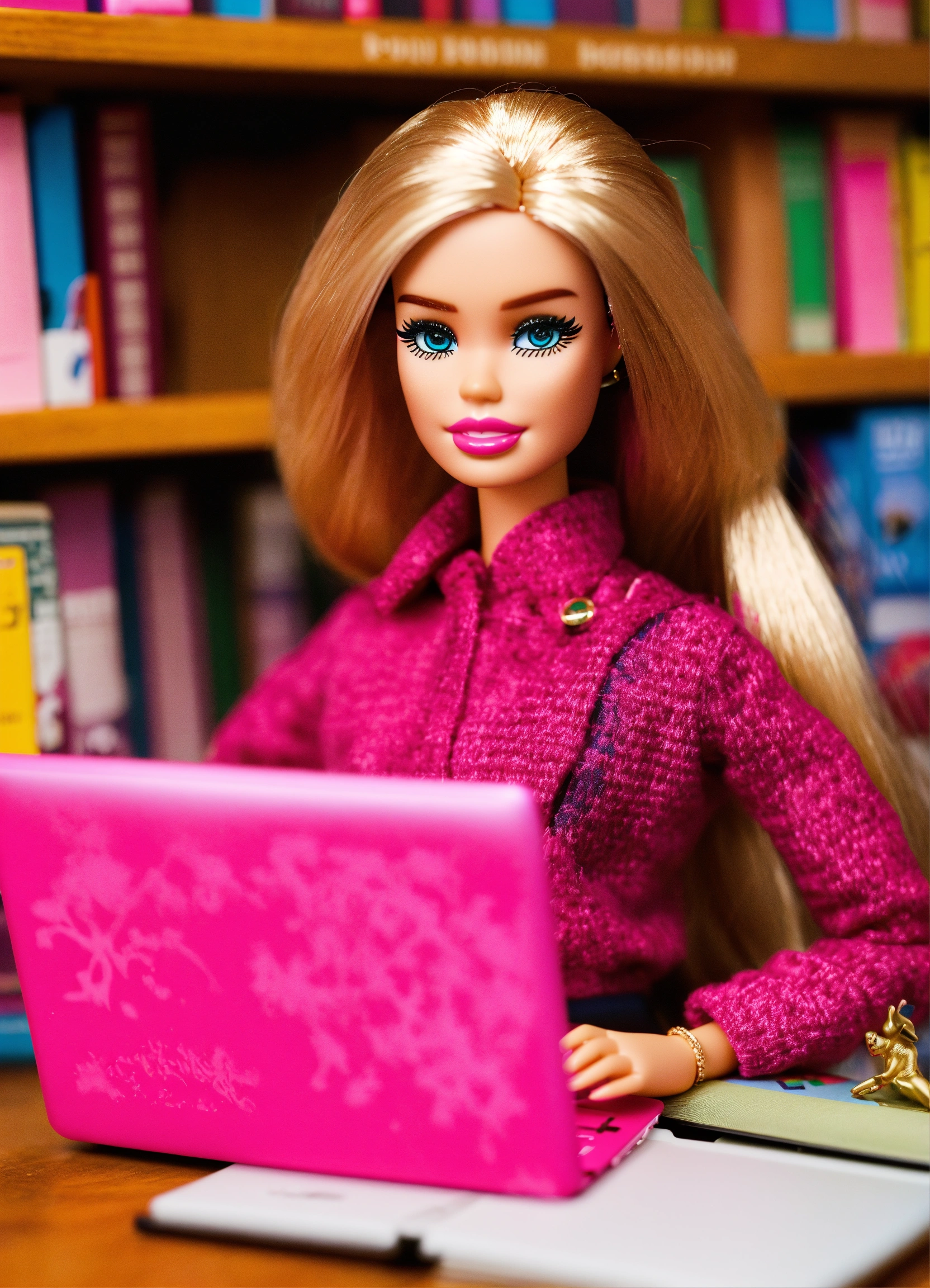 Lexica - Barbie dolls in the library, studying, with a pink laptop ...
