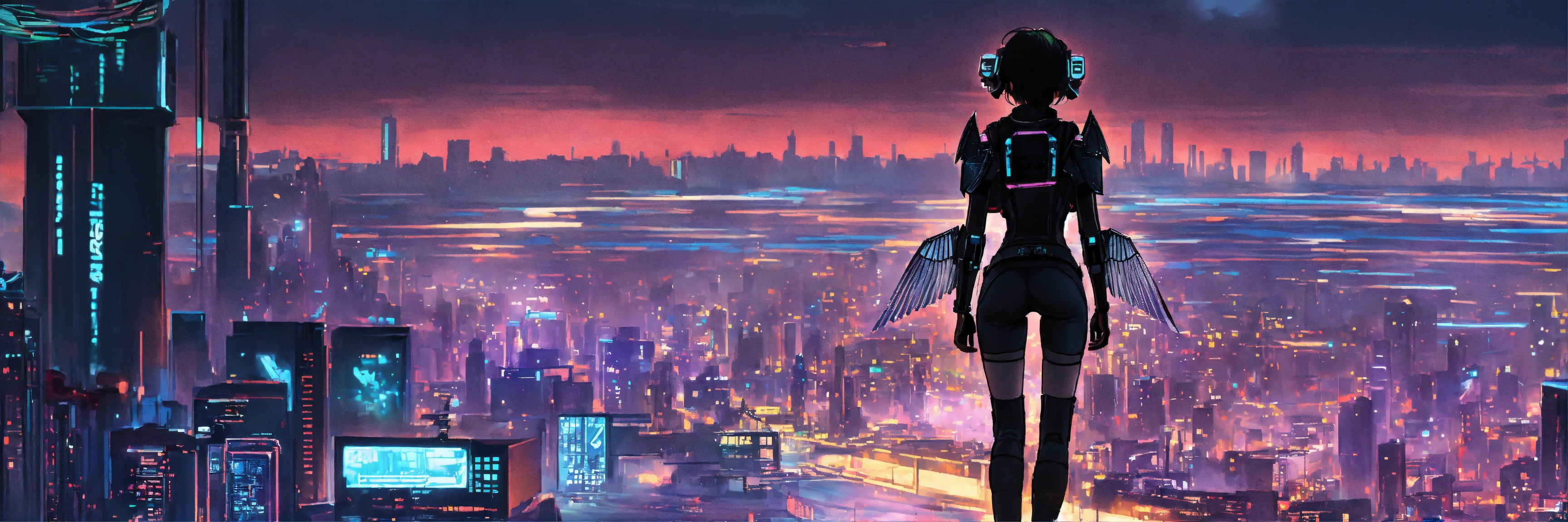 Lexica - Long shot, girl with robot wings black streetwear flying over ...