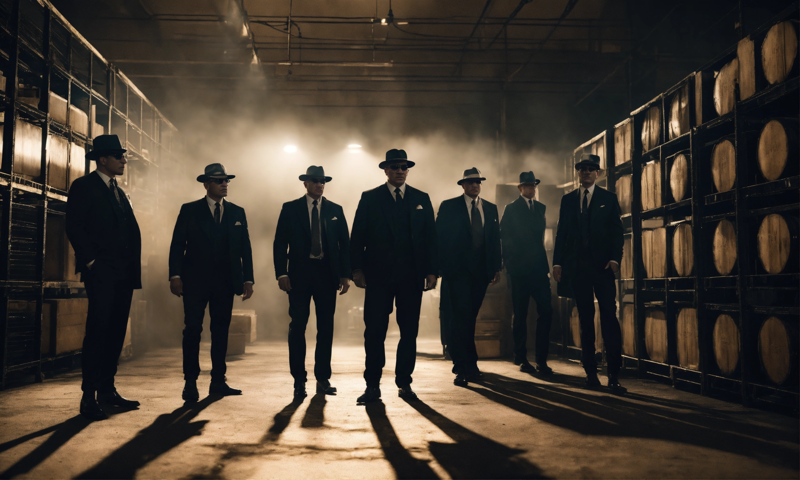 Lexica - Group of mafia gangster members in dark warehouse, smoky mood ...