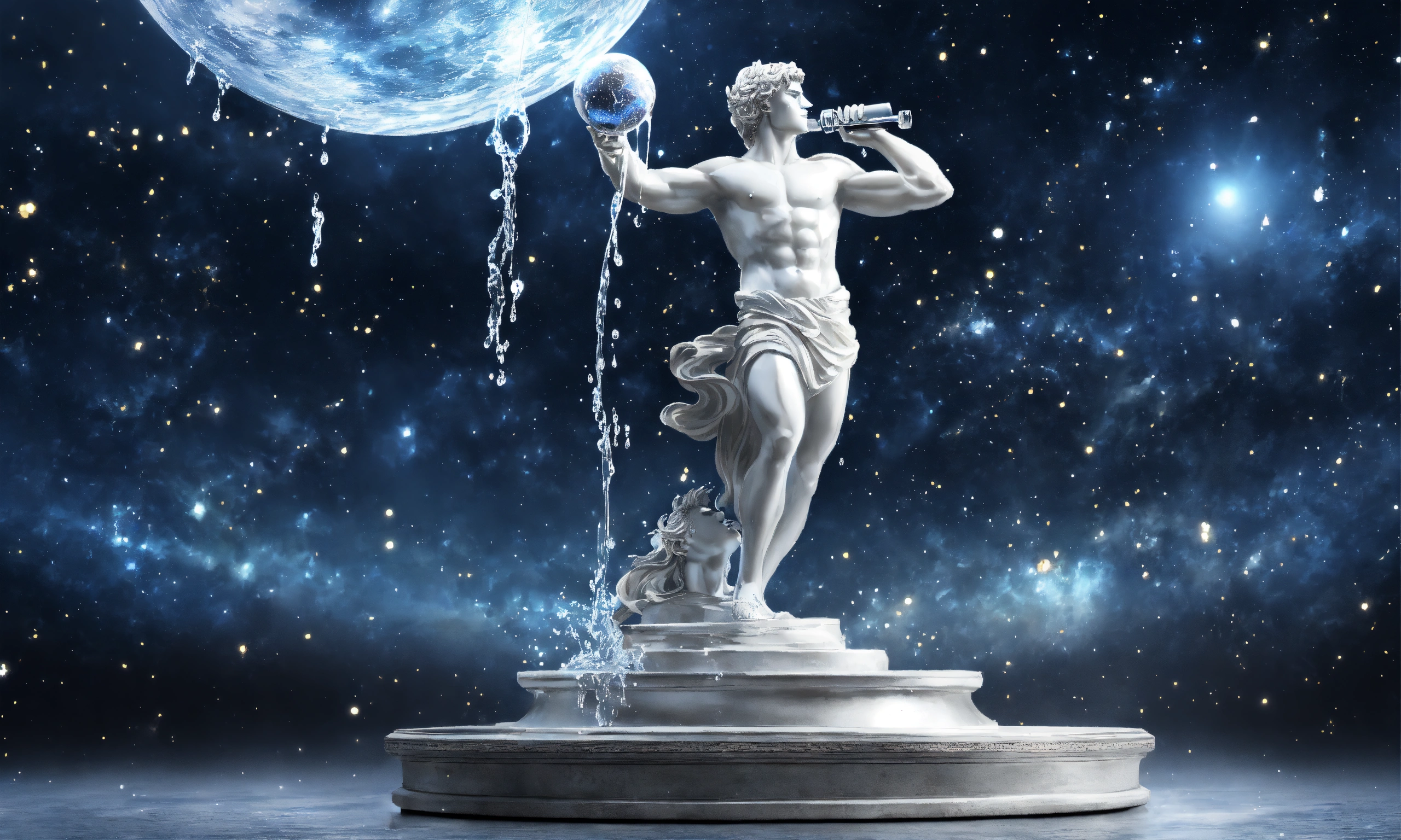 Lexica Greek white and silver man statue pours water, brutal, zodiac