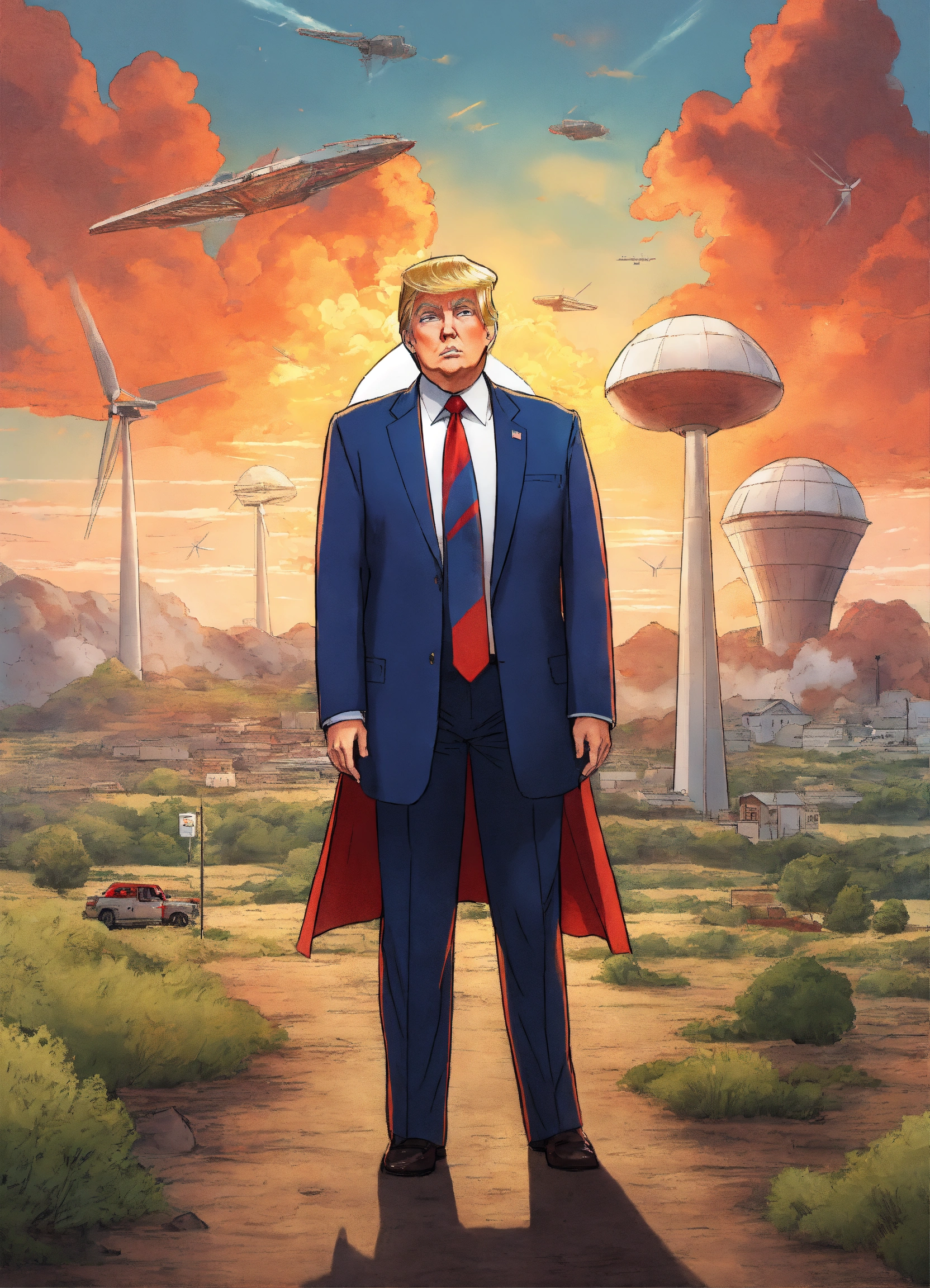 Lexica - Donald trump in anime style saving america from wind mills and ...