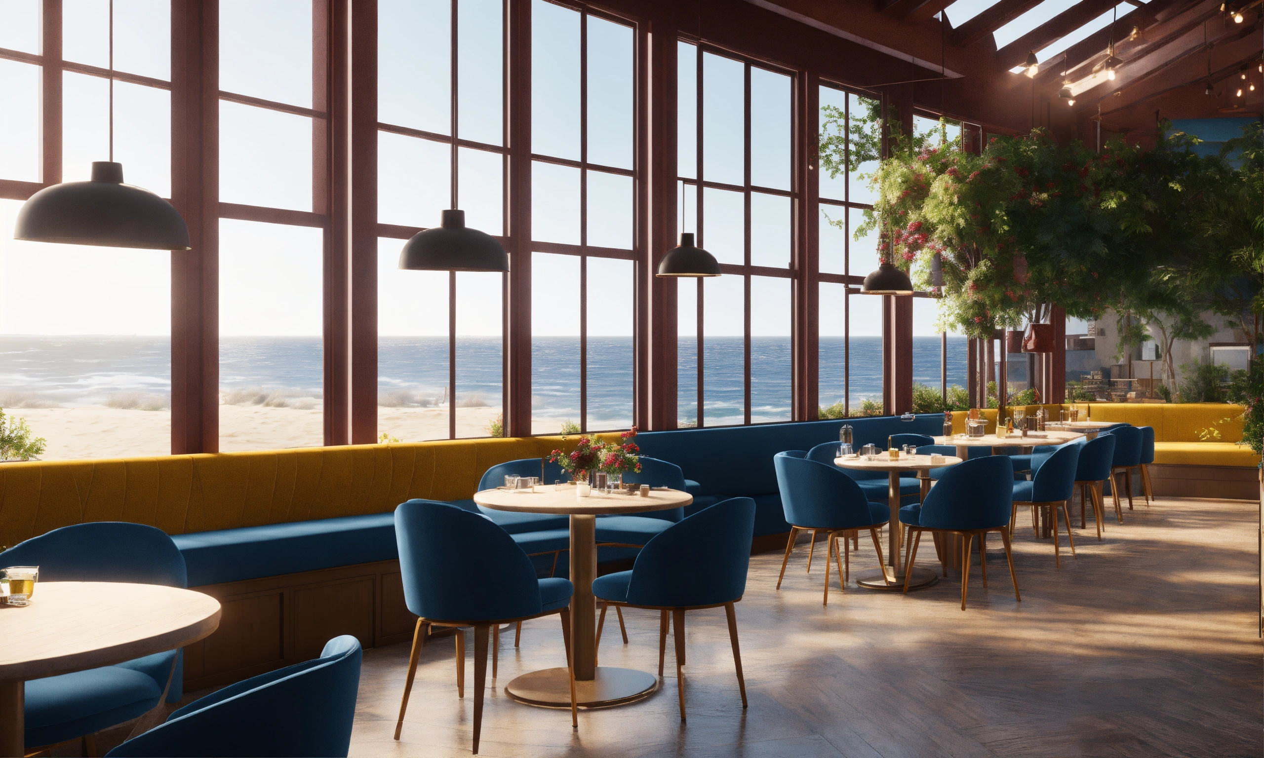 Lexica - A beachside bistro with blue chairs in large windows, in the ...