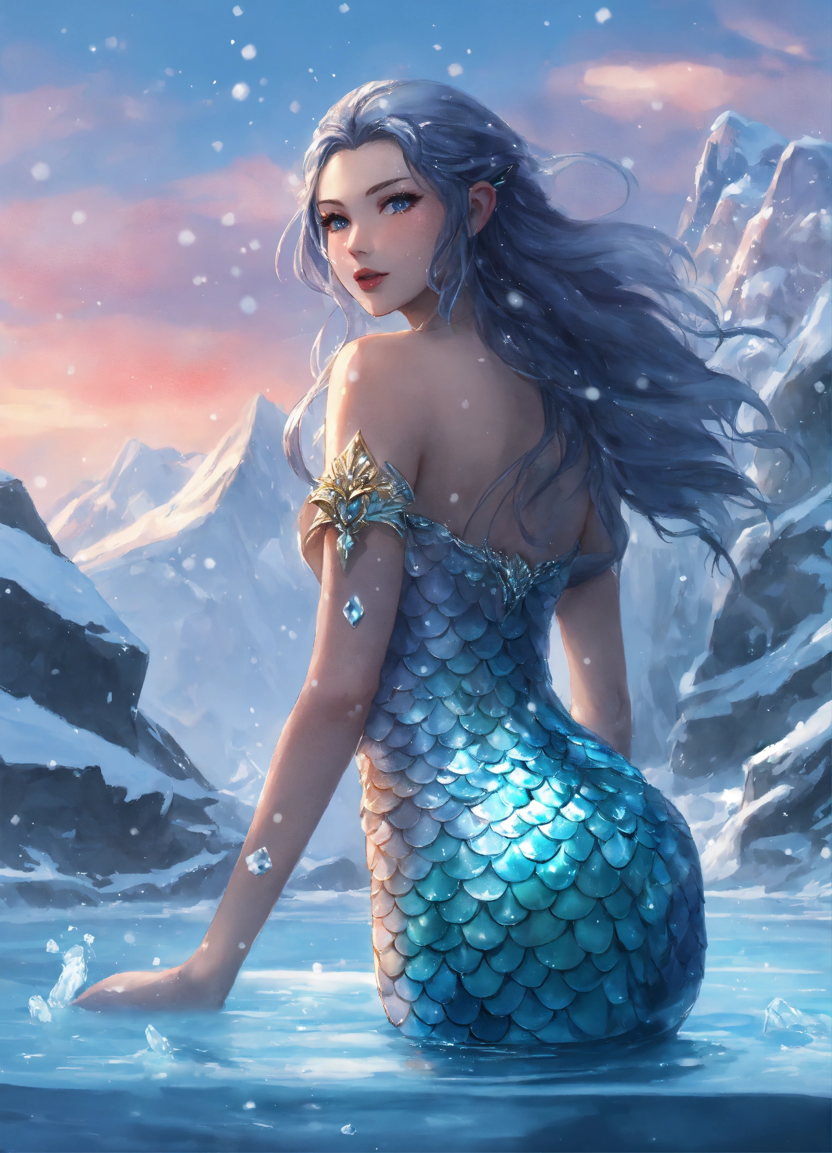 Lexica - Ice mermaid in cold water, icey and snowy, dnd, fantasy