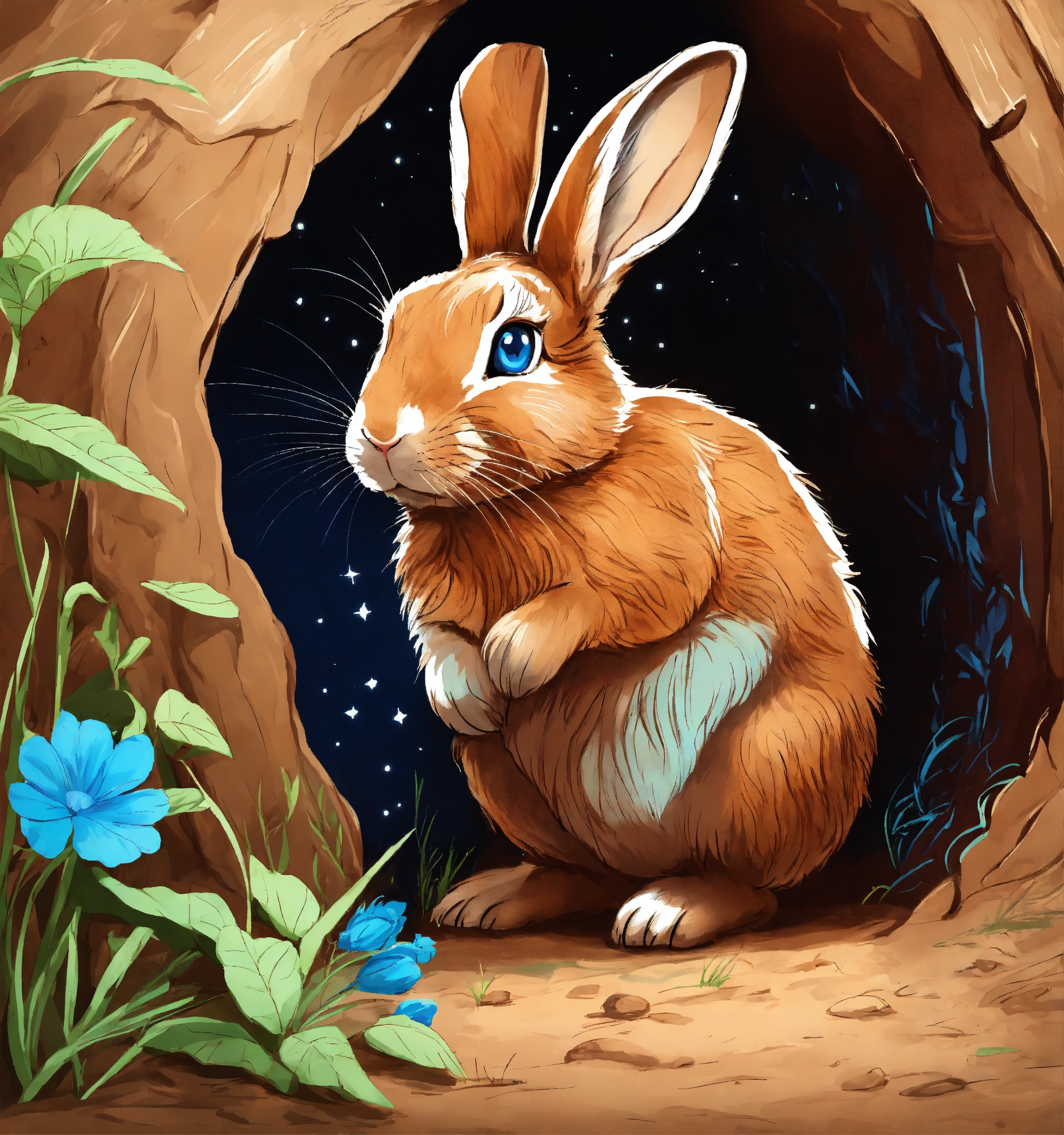 Lexica - A young brown rabbit with whith storyteller and blue eyes ...