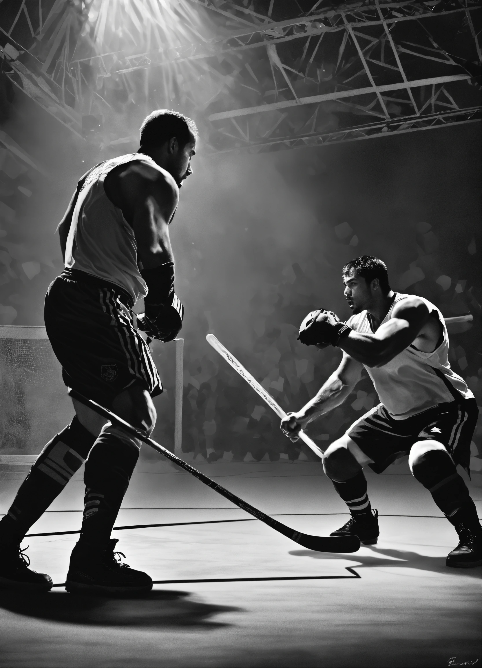 Lexica - A black and white illustration 2 men having a faceoff