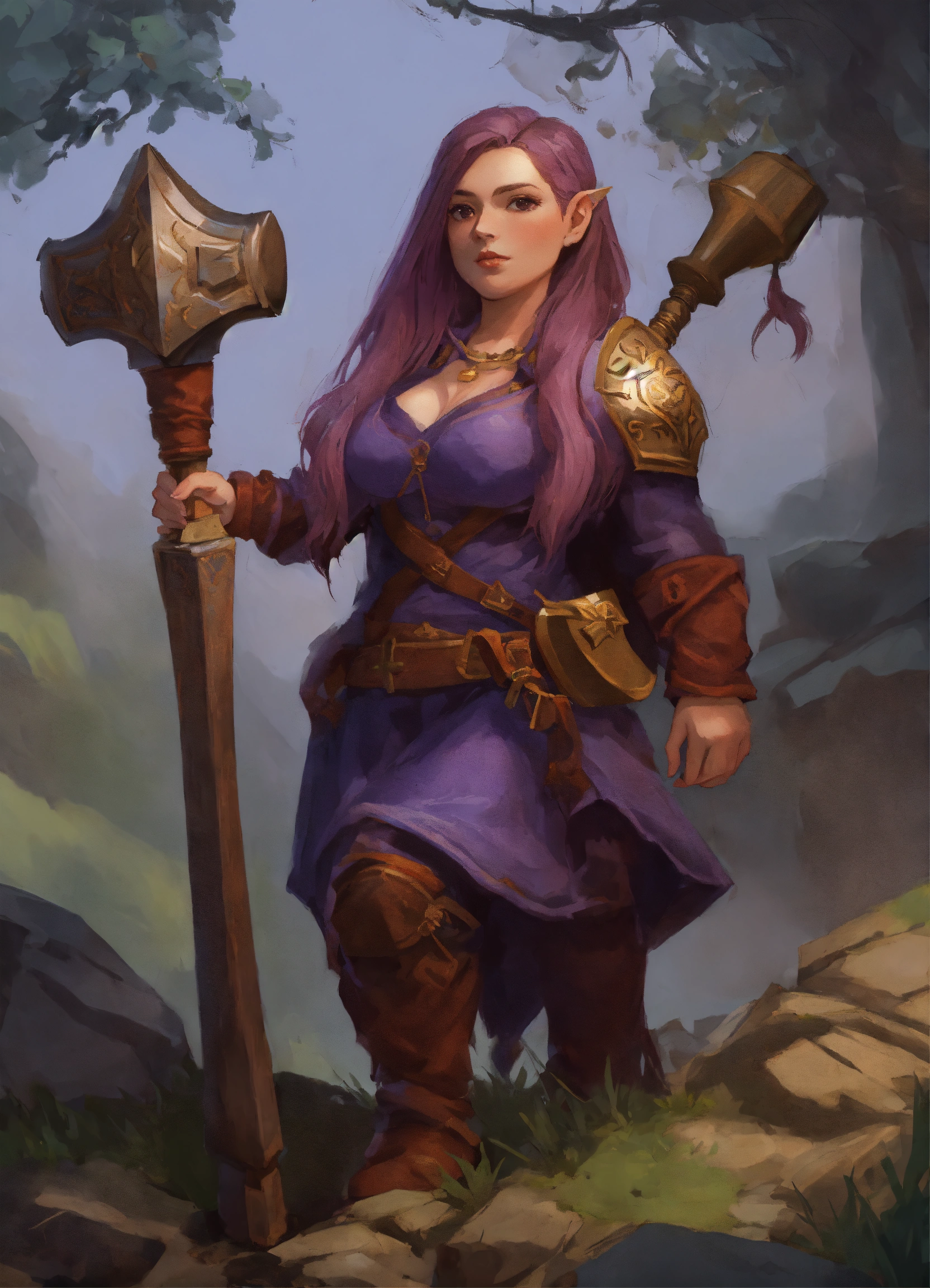 Lexica - Female hill dwarf with long purple and brown hair carry a war ...