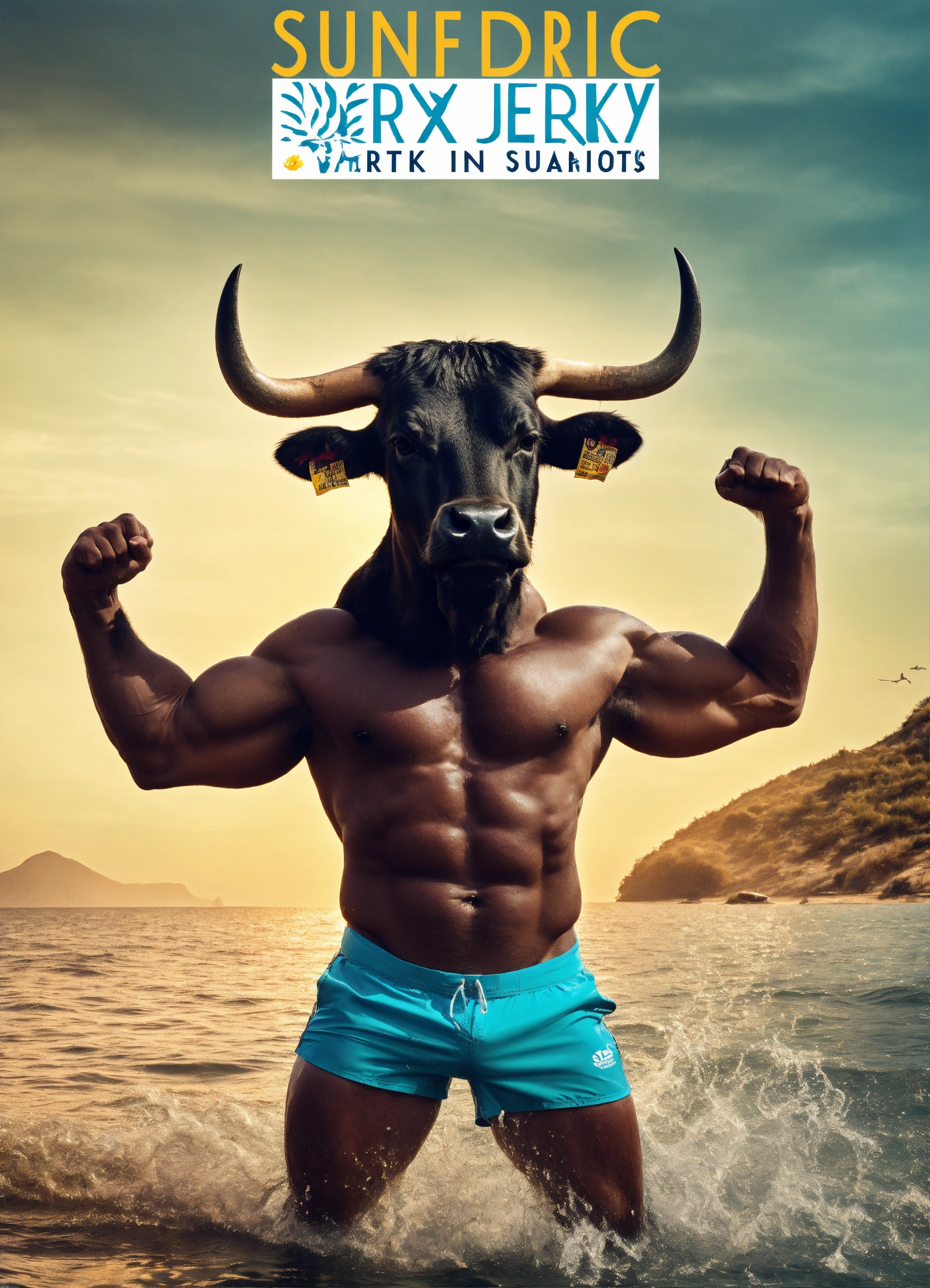 Lexica - A riped bull that flexes his arms up and wearing sunglasess ...