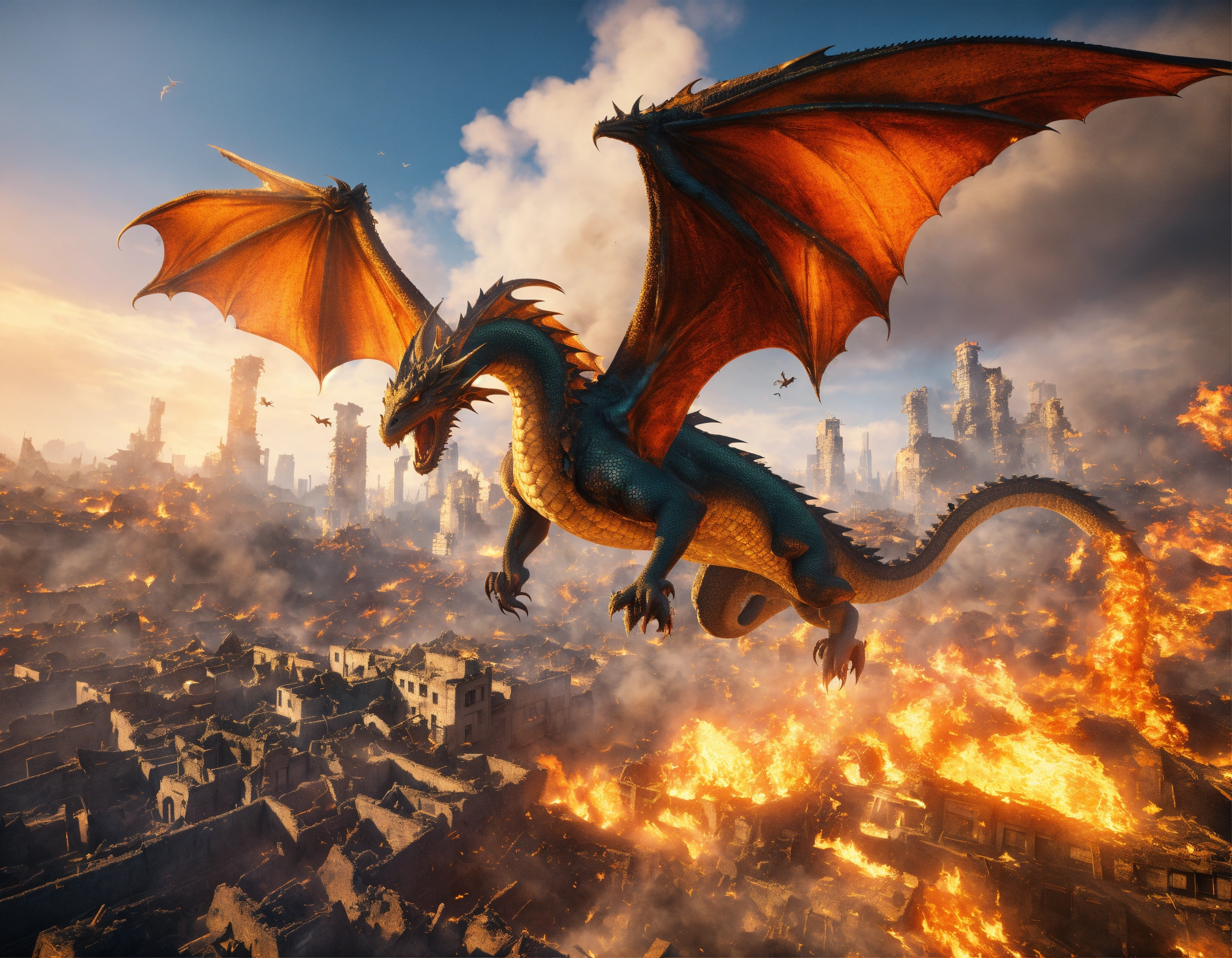 Lexica - A handsome avatar is flying with his dragon over the destroyed ...