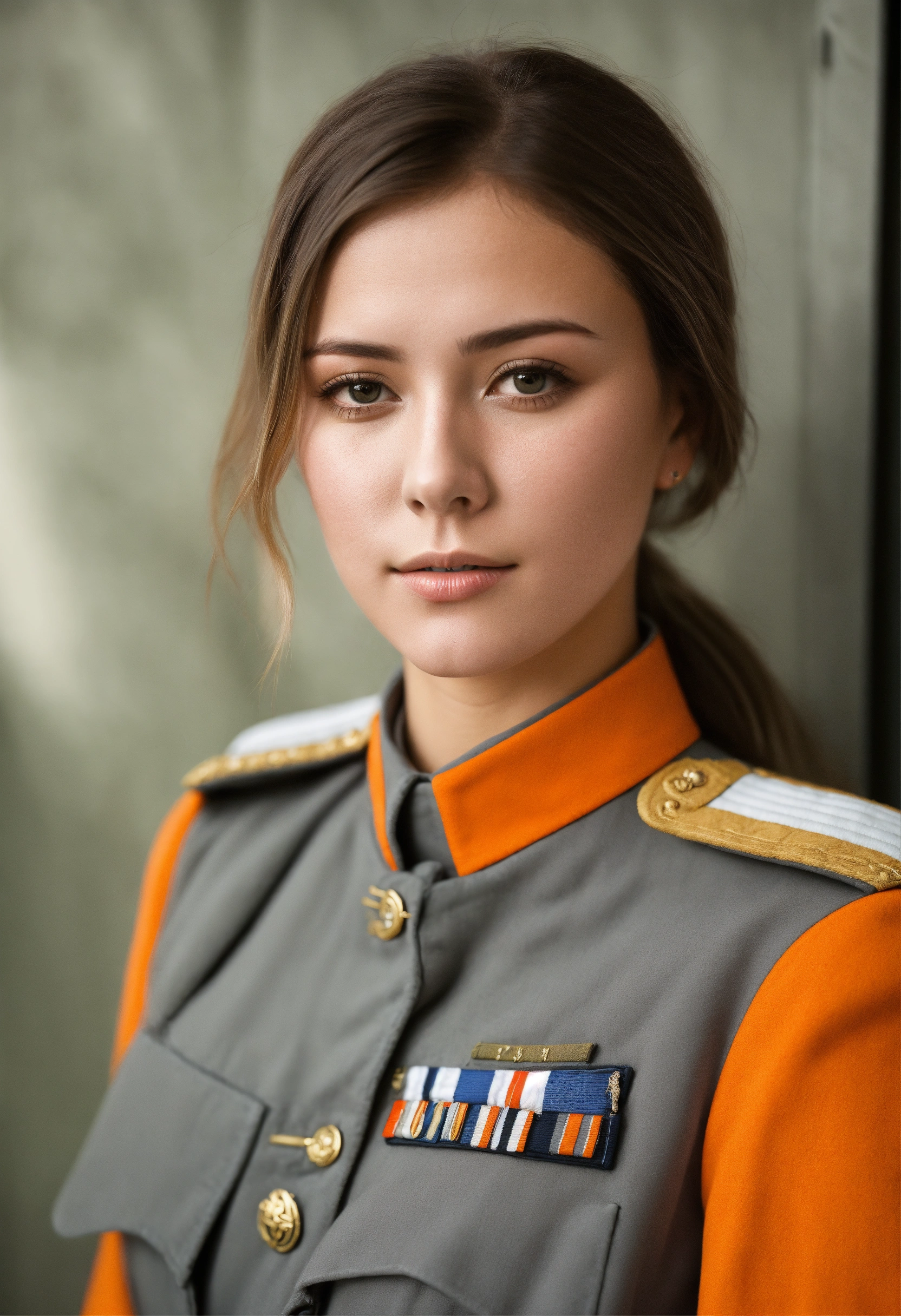 Lexica White brownhaired young woman in greyorange military uniform