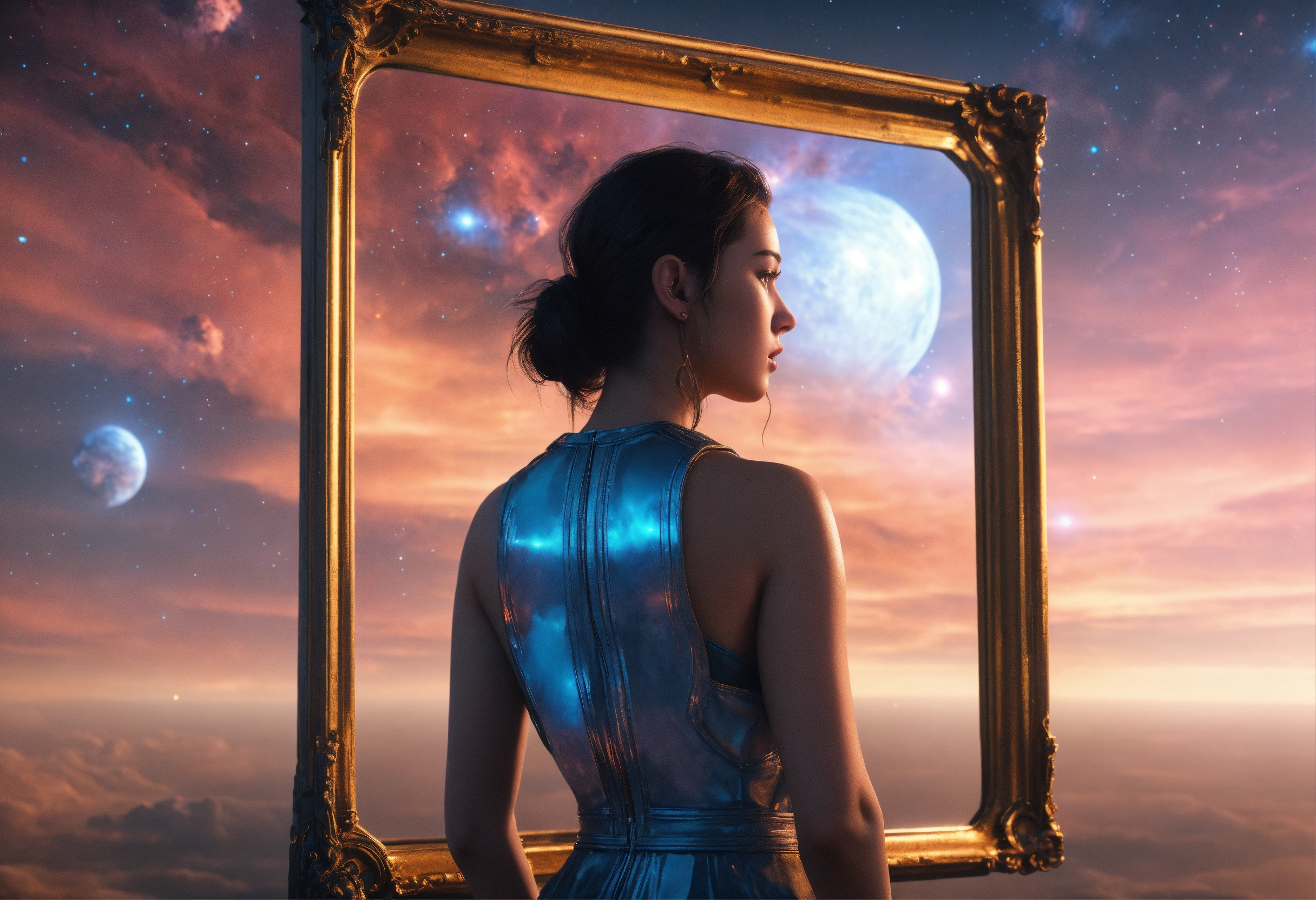 Lexica - A young woman looks at a man on the other side of a mirror ...