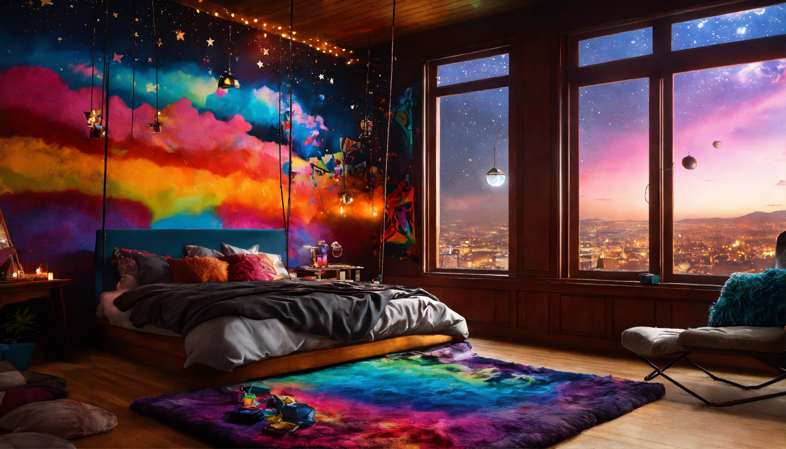 Lexica - Cute bedroom, dark wood, night star sky celing window, fluffy ...