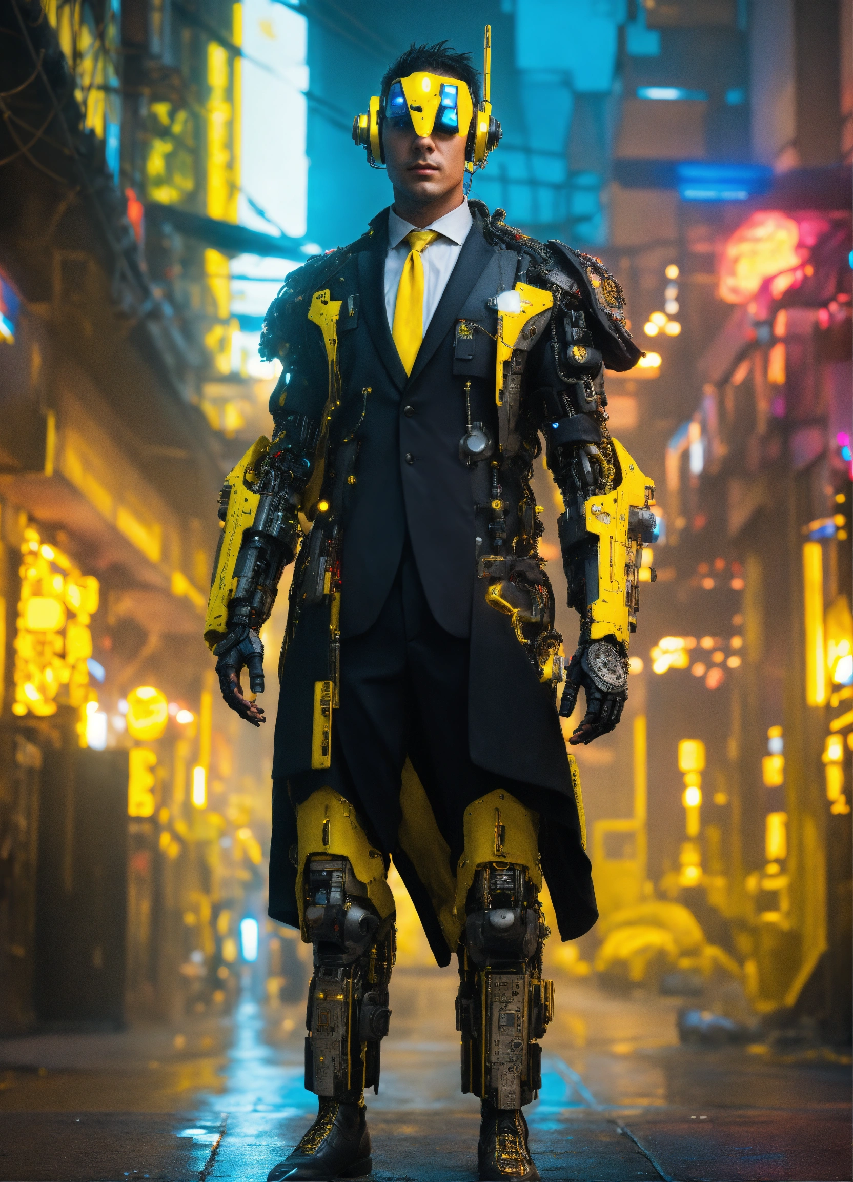 Lexica - Cyberpunk cyborg with yellow cybernetic parts. Mostly human ...