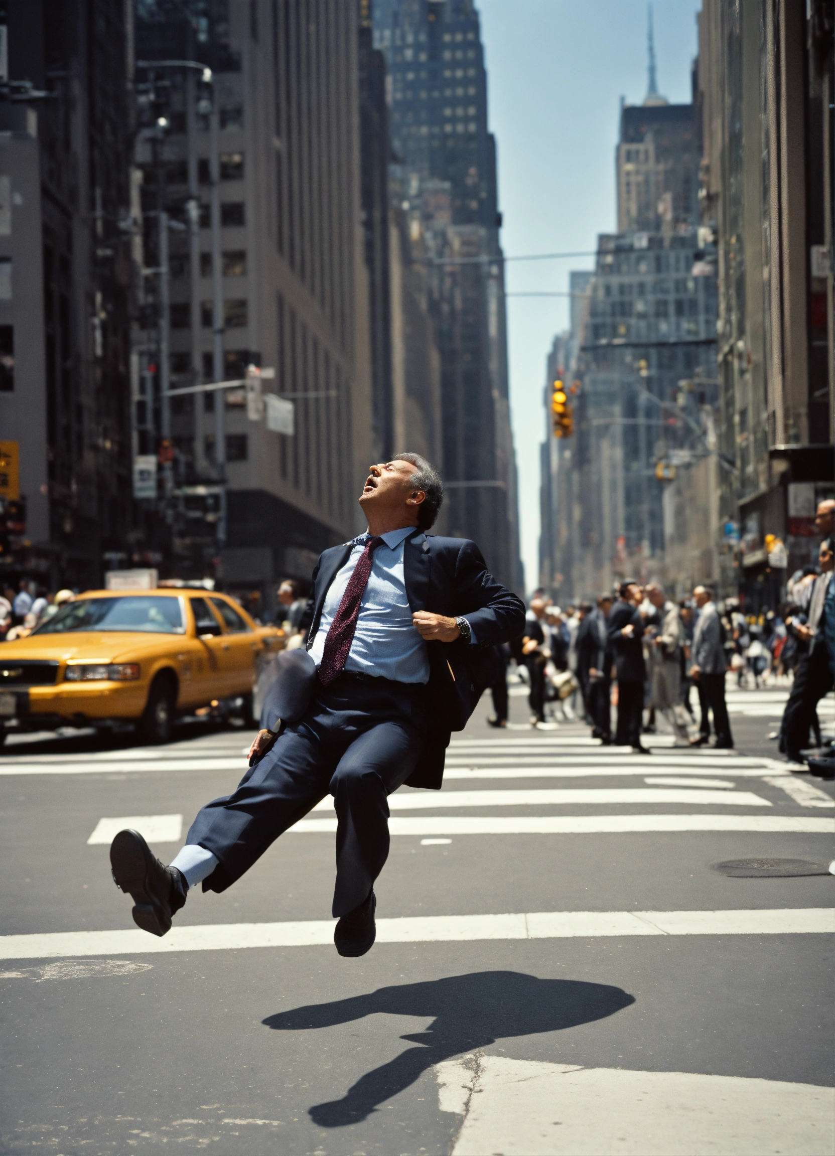 Lexica - A middle-aged person falling, crowd, new york city street ...