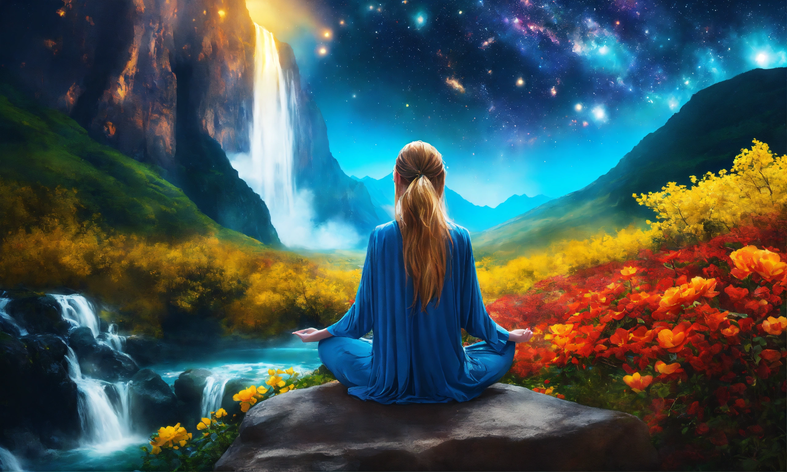 Lexica - Beautiful woman in Meditation posture, mountain, waterfall ...