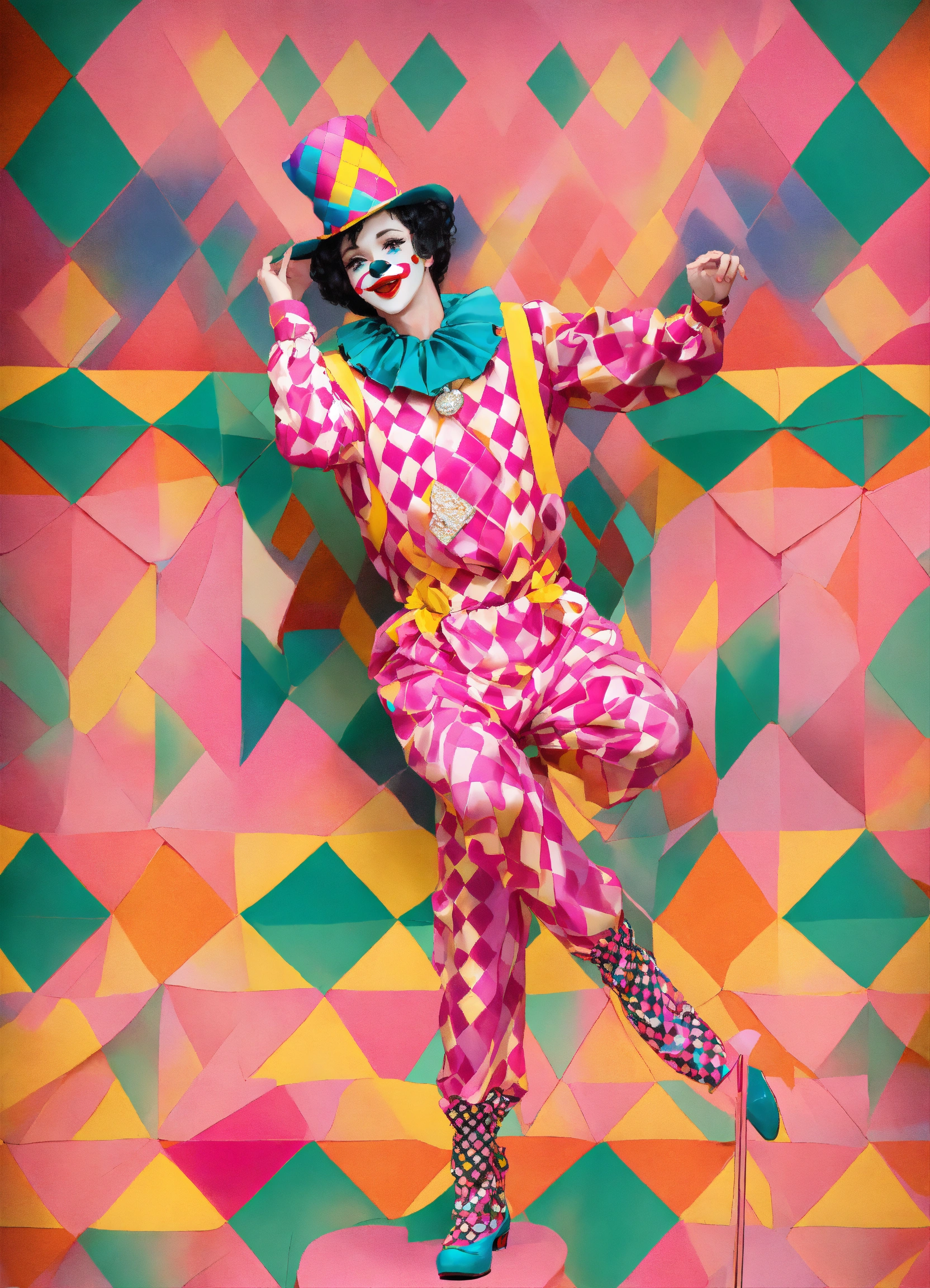 Lexica - Colorful pink vintage harlequin clown with diamond pattern ...