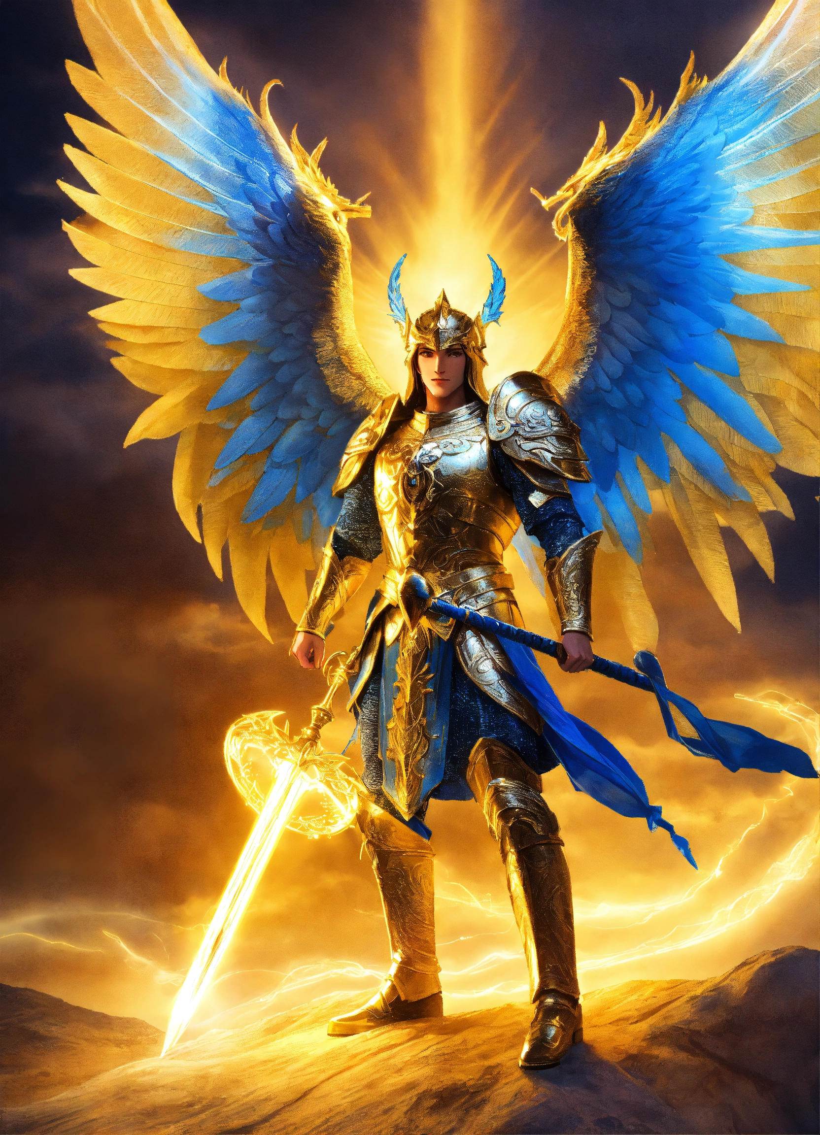 Lexica - Archangel Michael, blue light, golden light, riding on a ...