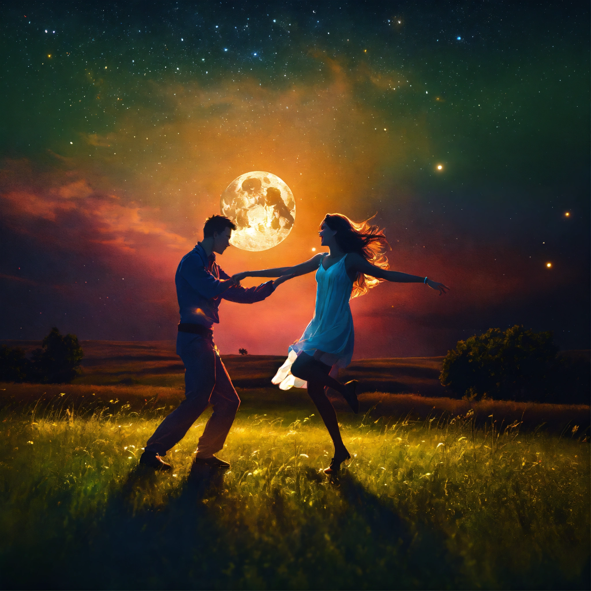 Lexica - Girl and boy lovers dancing moonlight grassy field music joy ...