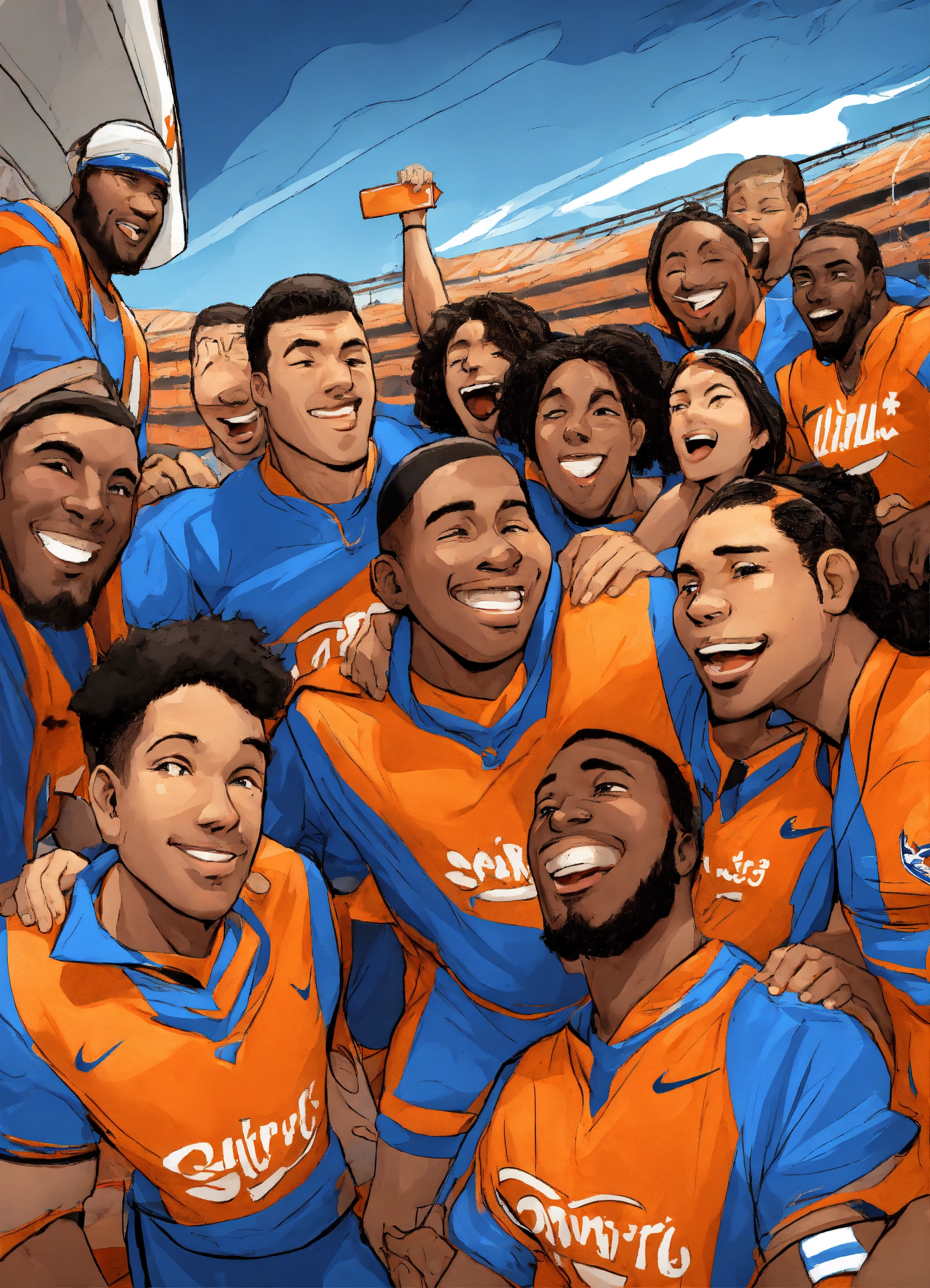 Lexica - TEAM SPIRIT, cartoon style, color blue-white, orange, black