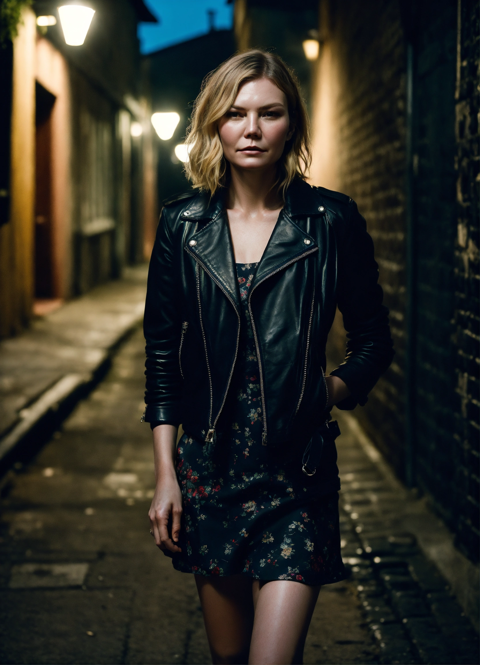 Lexica - Kirsten dunst, age 20, wearing a black leather jacket and  summerdress, walking in a dark alley, beautiful, moody lighting, best  quality, ful...