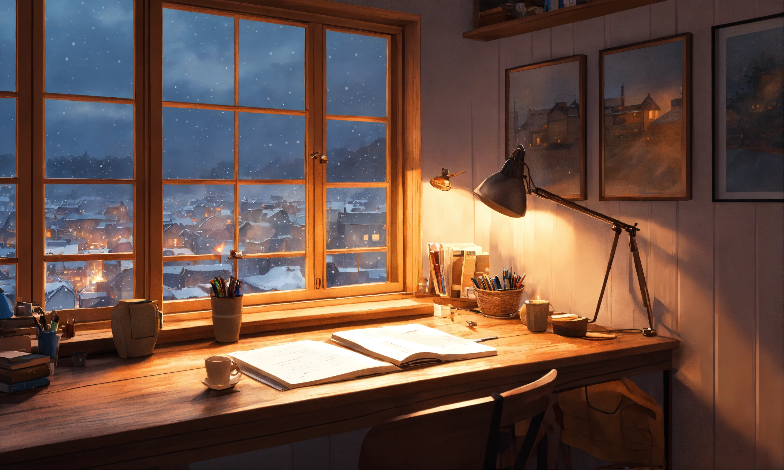 Lexica - Wooden study desk against white wooden walls, big window above ...