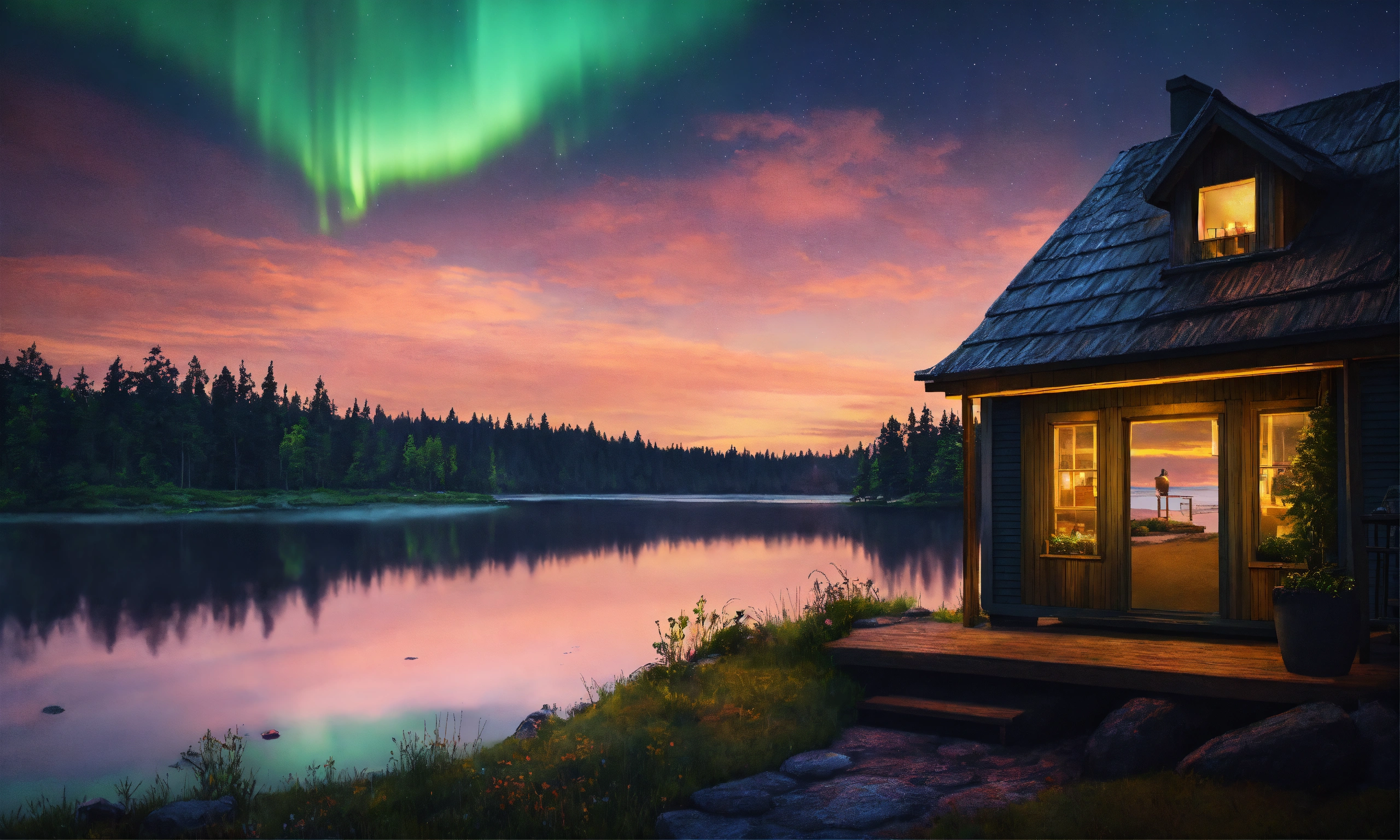 Lexica - Epic shot of ultra detailed and cozy porch in Sweden at a lake ...