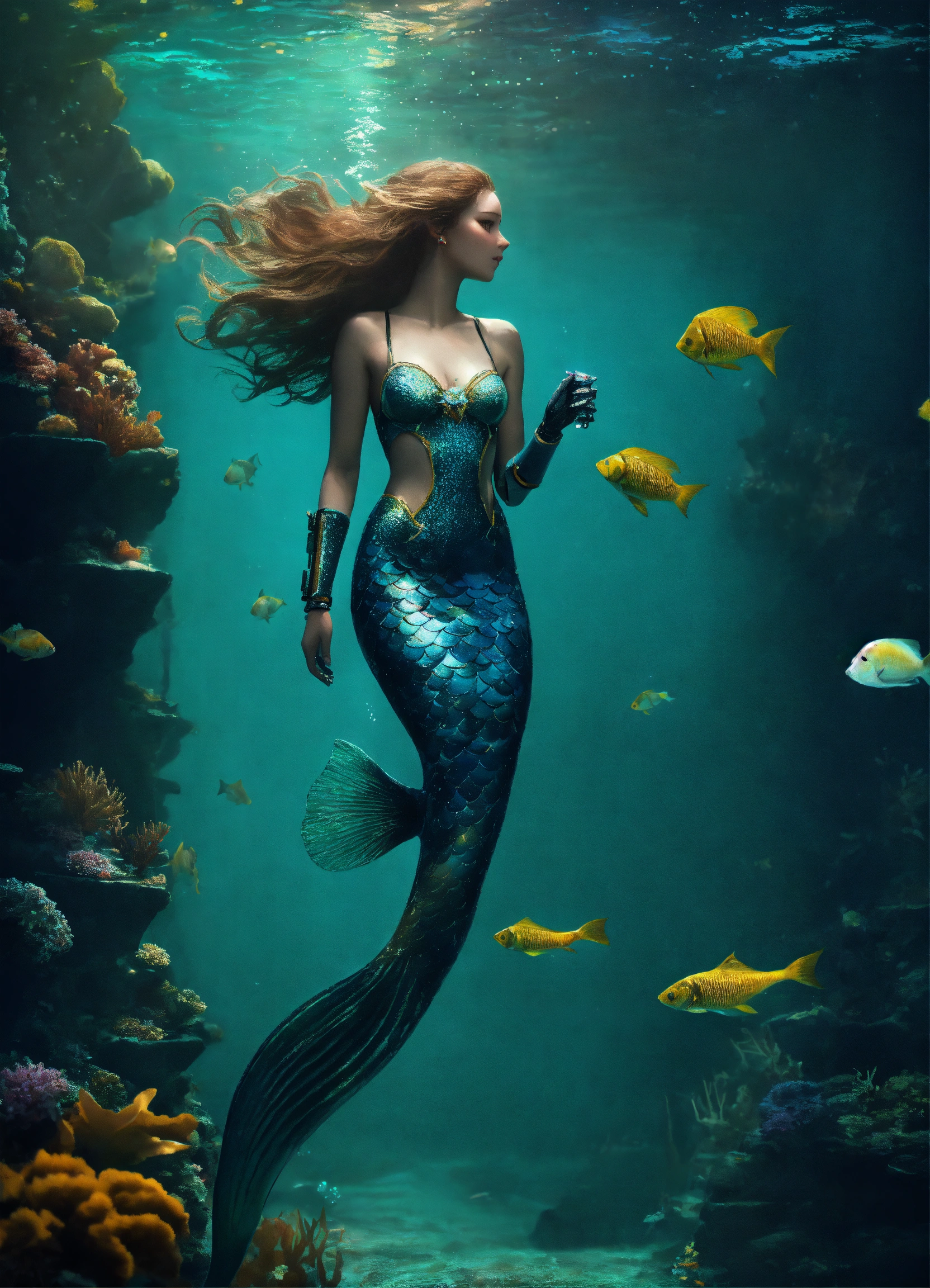 Lexica - A robot mermaid in the bottom of the sea, dark light , whit a ...