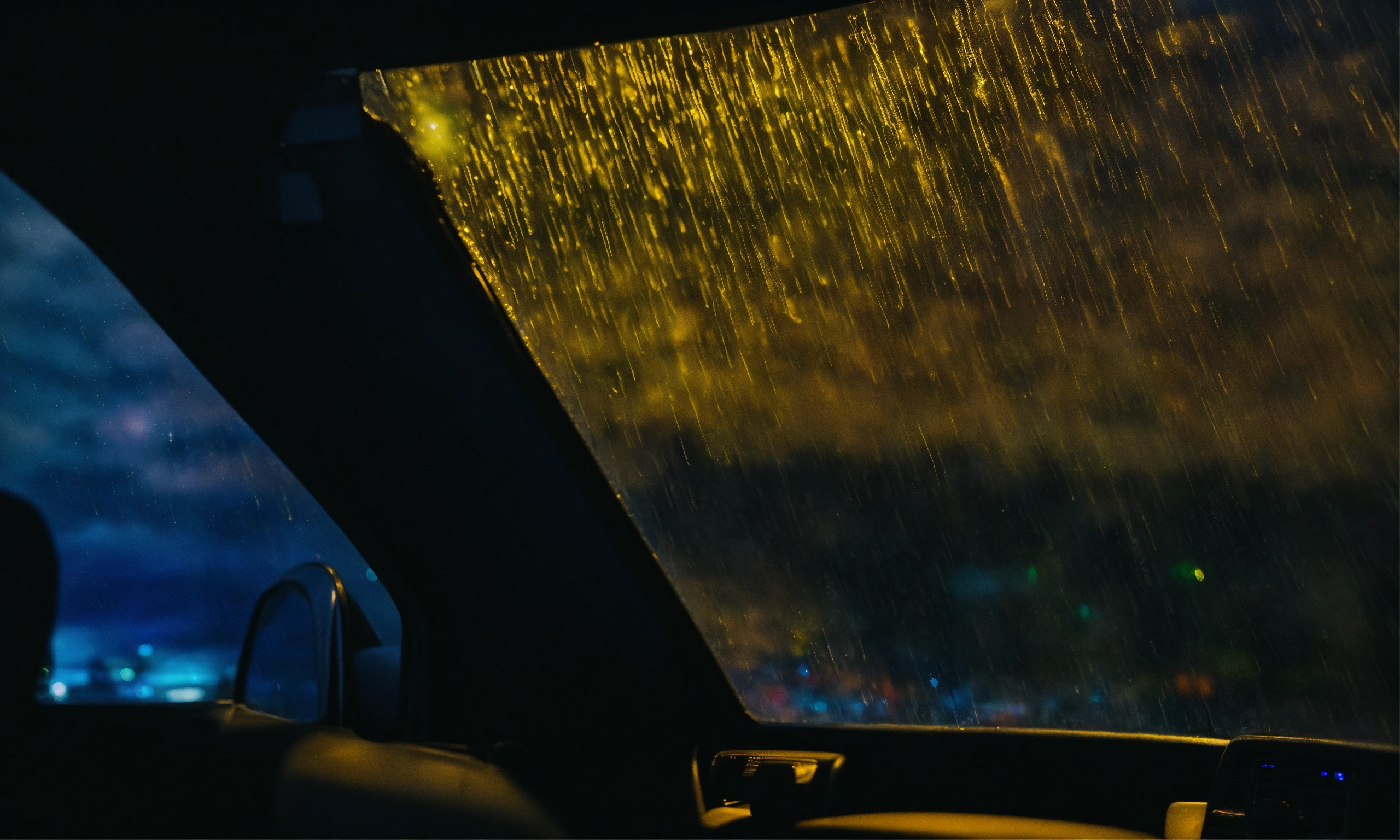 Lexica - Looking out a car rear window with rain sliding down the glass ...