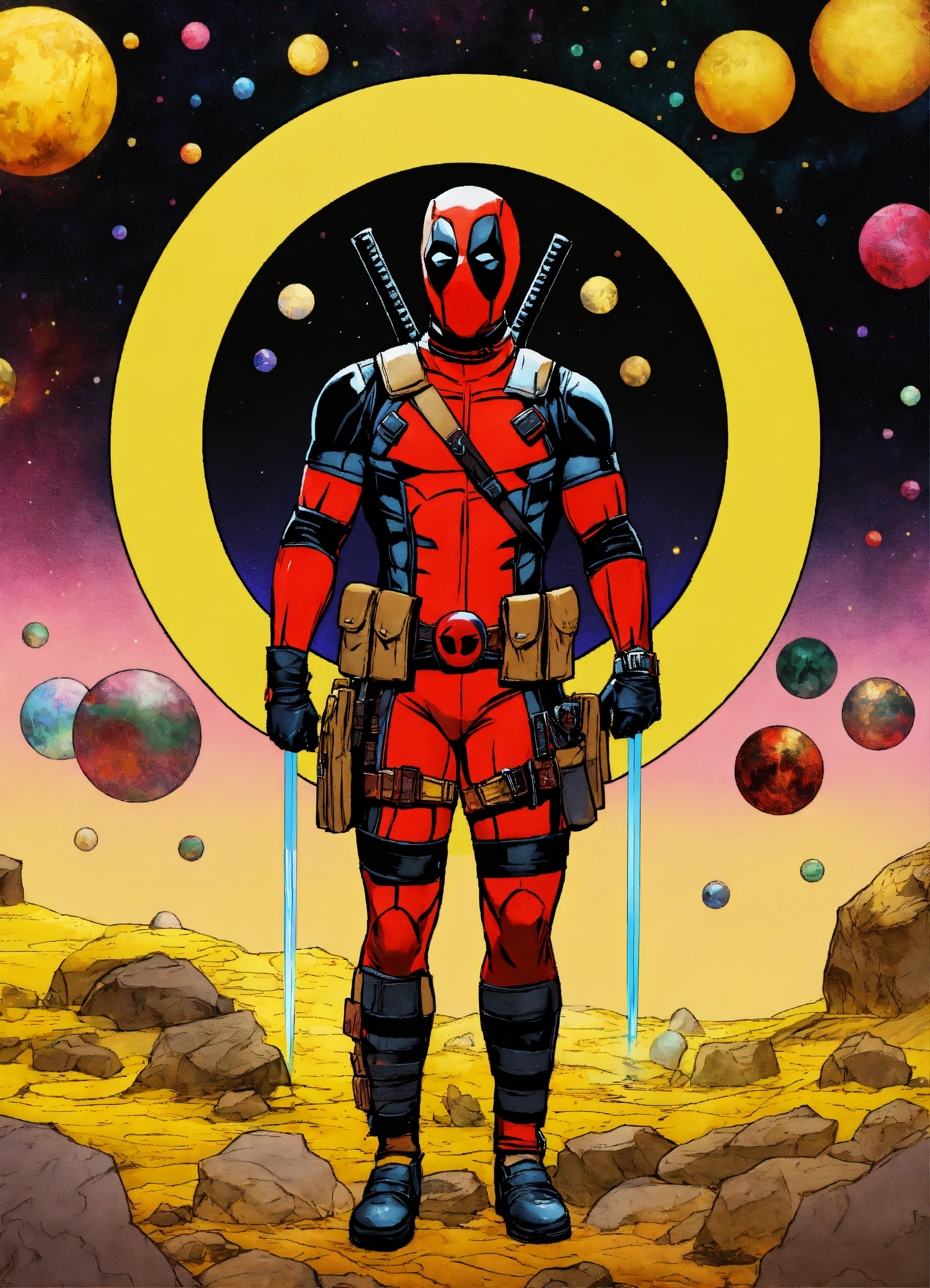 Lexica - Deadpool god yellow black rainbow moons