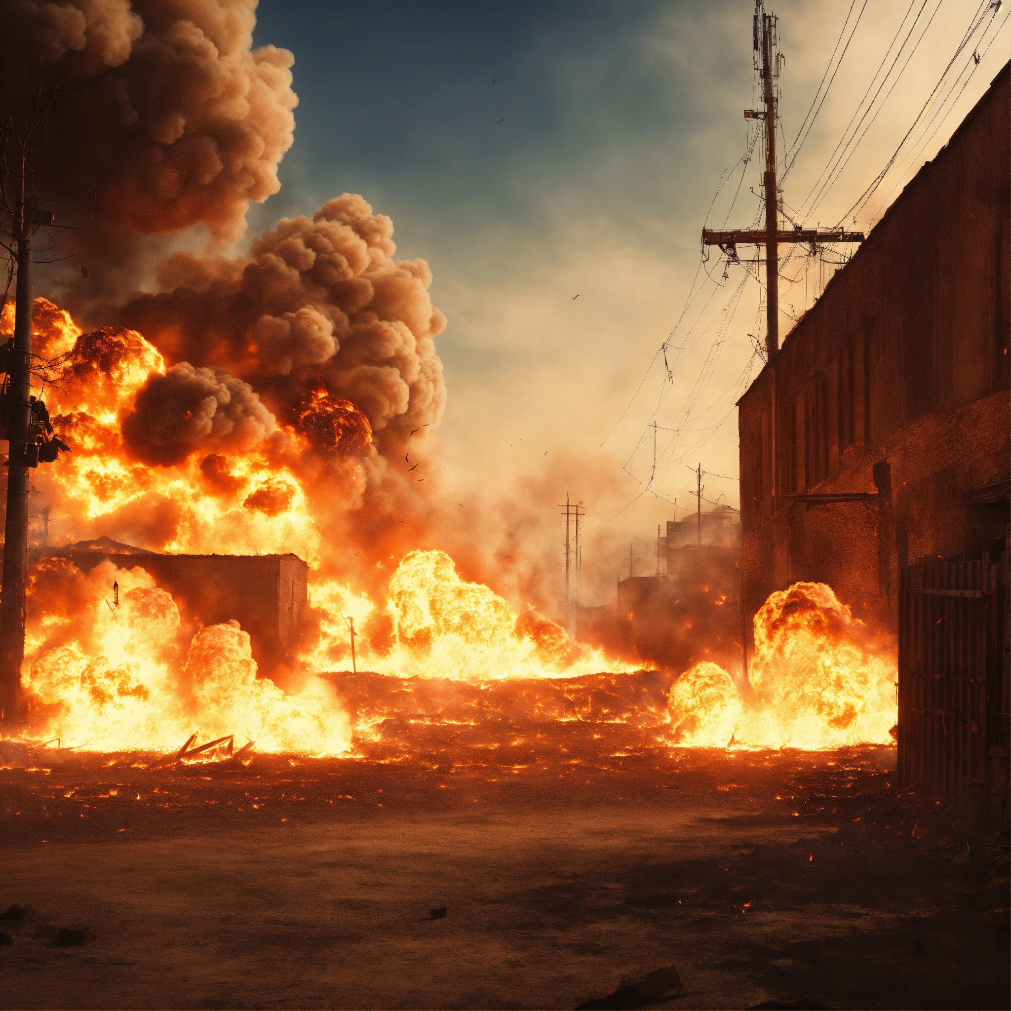 Lexica - Outdoor background with explosions and fire in the background ...