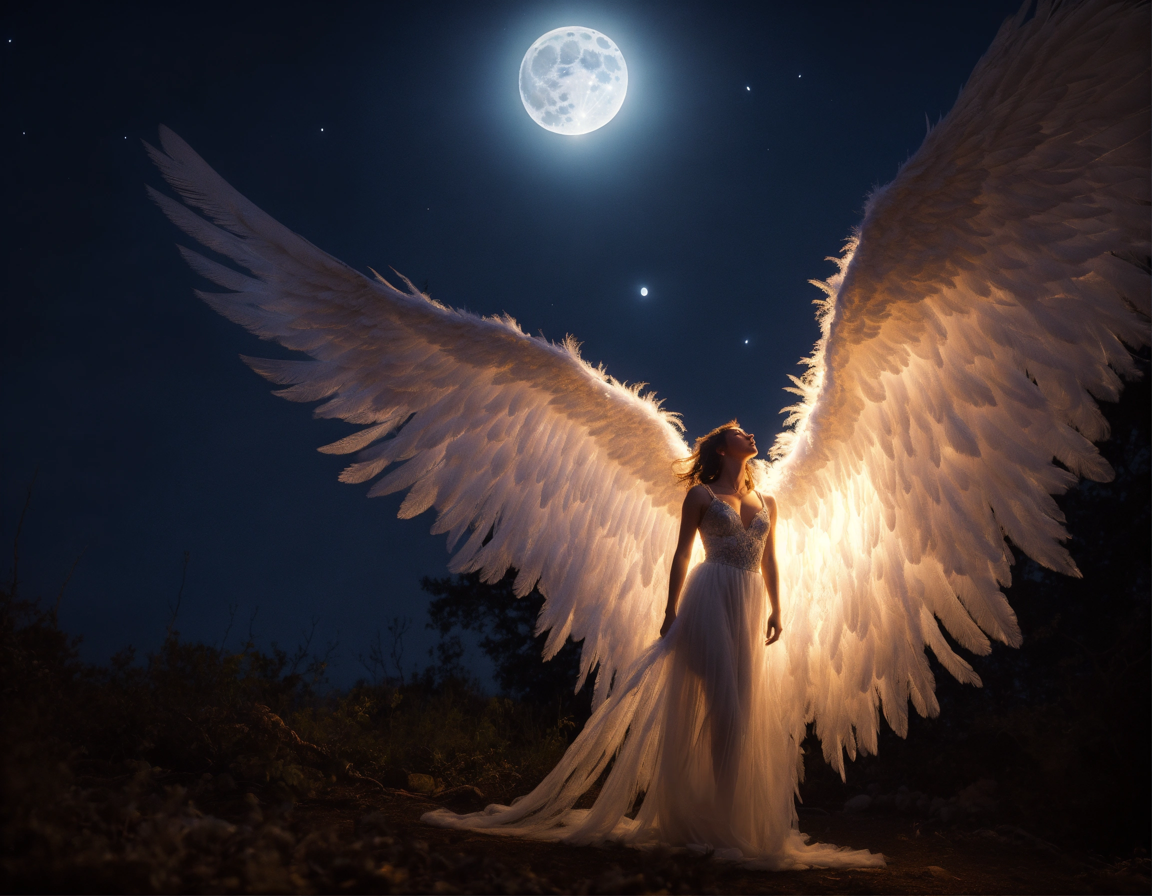 Lexica - Tempted fallen angel with feathered wings on Earth
