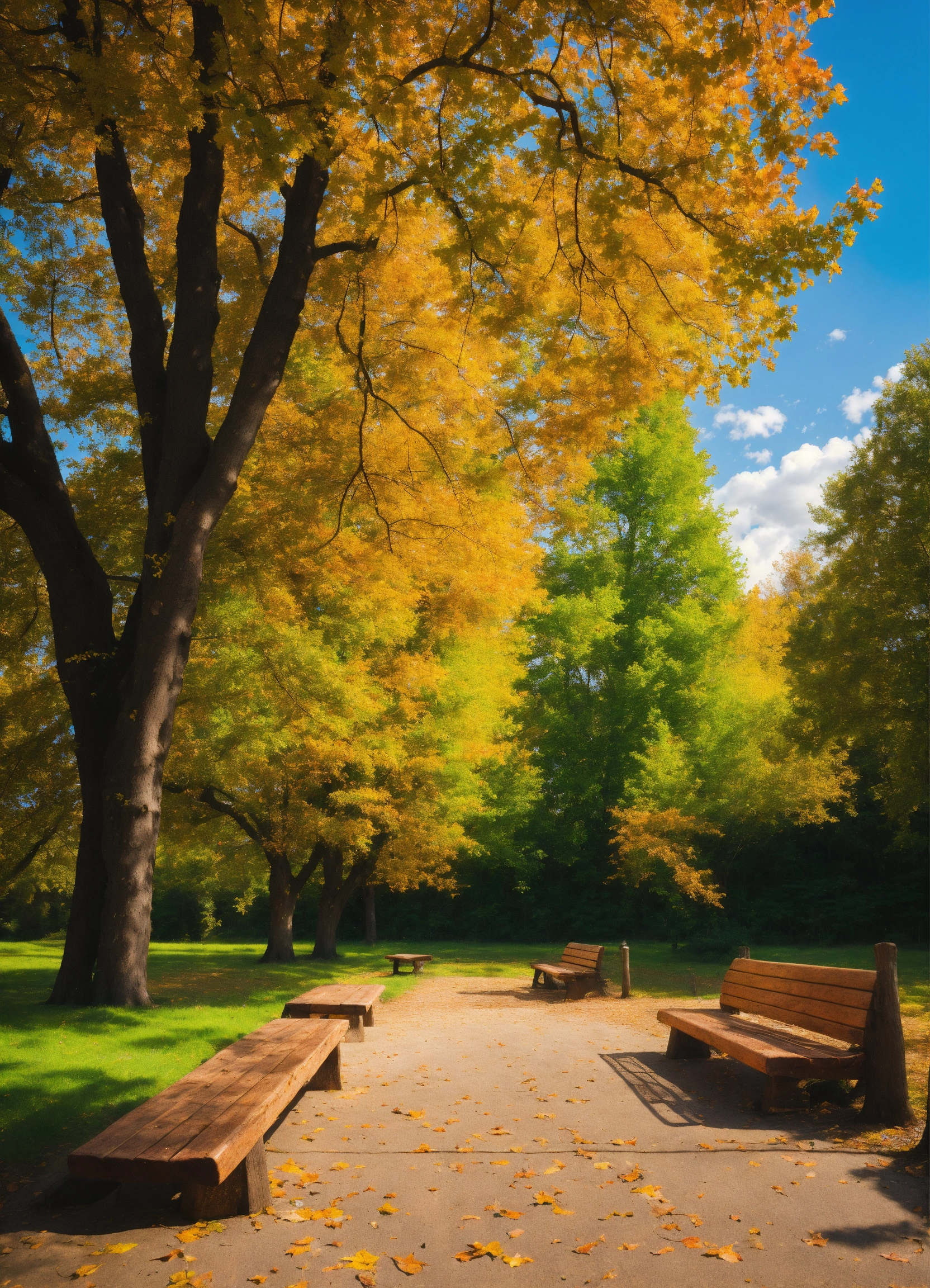 Lexica - Blue sky calming trees with beautiful leaves A wooden bench on ...